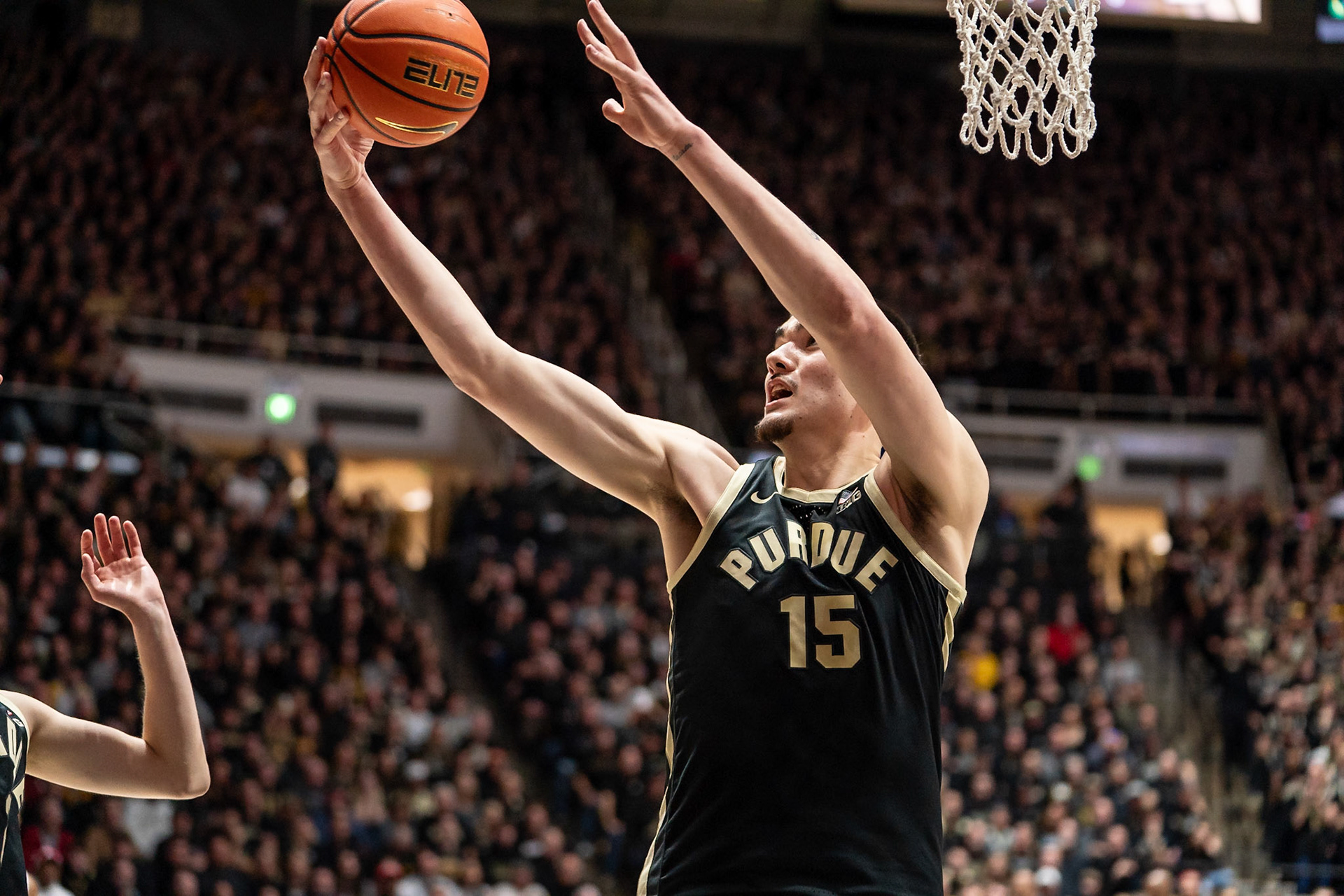 WEST LAFAYETTE, IN - FEBRUARY 10, 2024: Purdue Senior Center Zach Edey (15) in Purdue Boilermaker vs Indiana Hoosiers Basketball at Mackey Arena(Photo by Steve Bowen / Bowen Arrow Photography / Northern Indiana Sports Report)