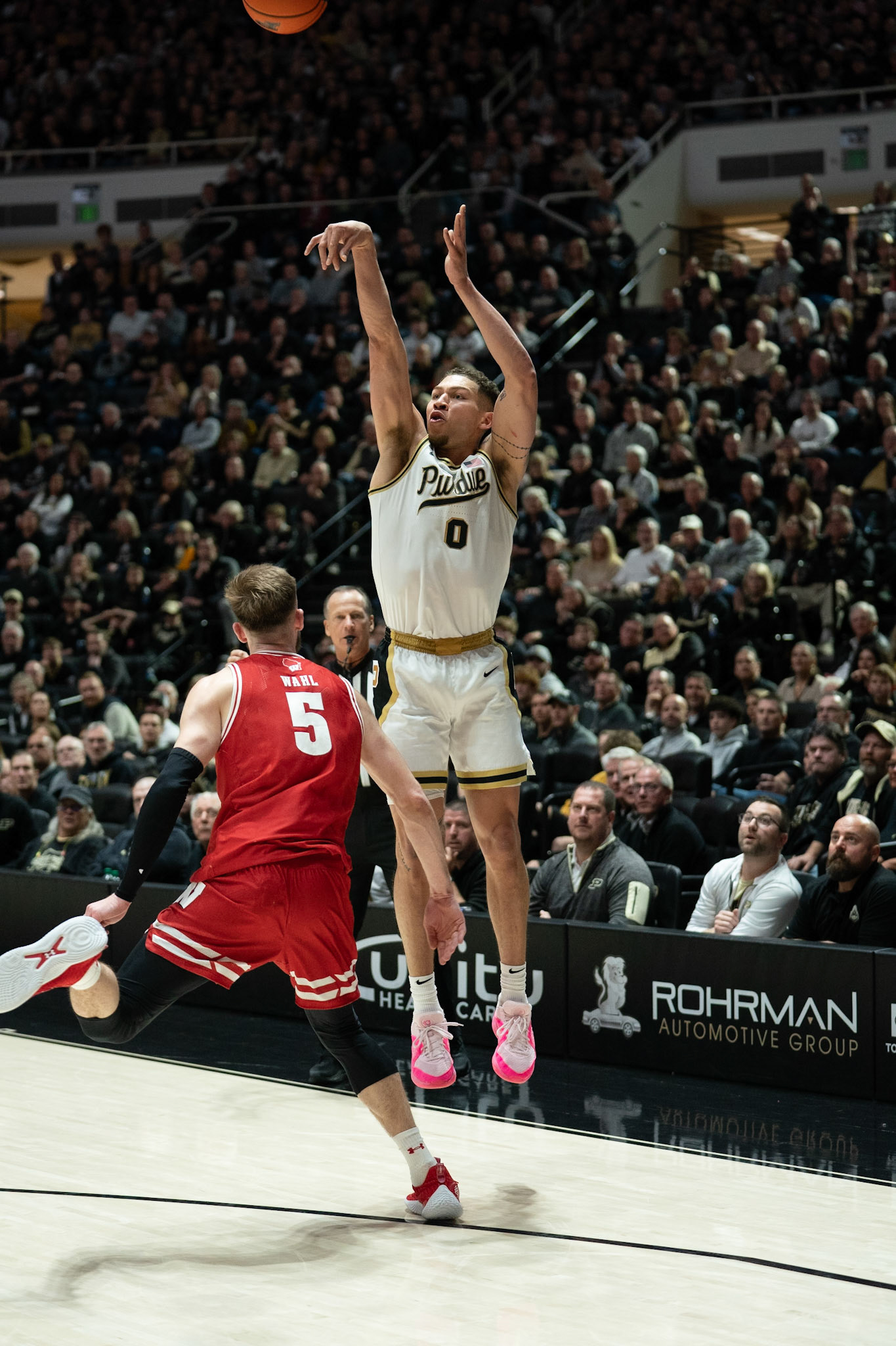 WEST LAFAYETTE, IN - MARCH 10, 2024: Purdue Senior Forward Mason Gillis (0), Wisconsin Graduate Forward Tyler Wahl (5) in Purdue University Boilermaker Basketball vs University of Wisconsin Badgers at Mackey Arena(Photo by Steve Bowen / Bowen Arrow Photography / Northern Indiana Sports Report)