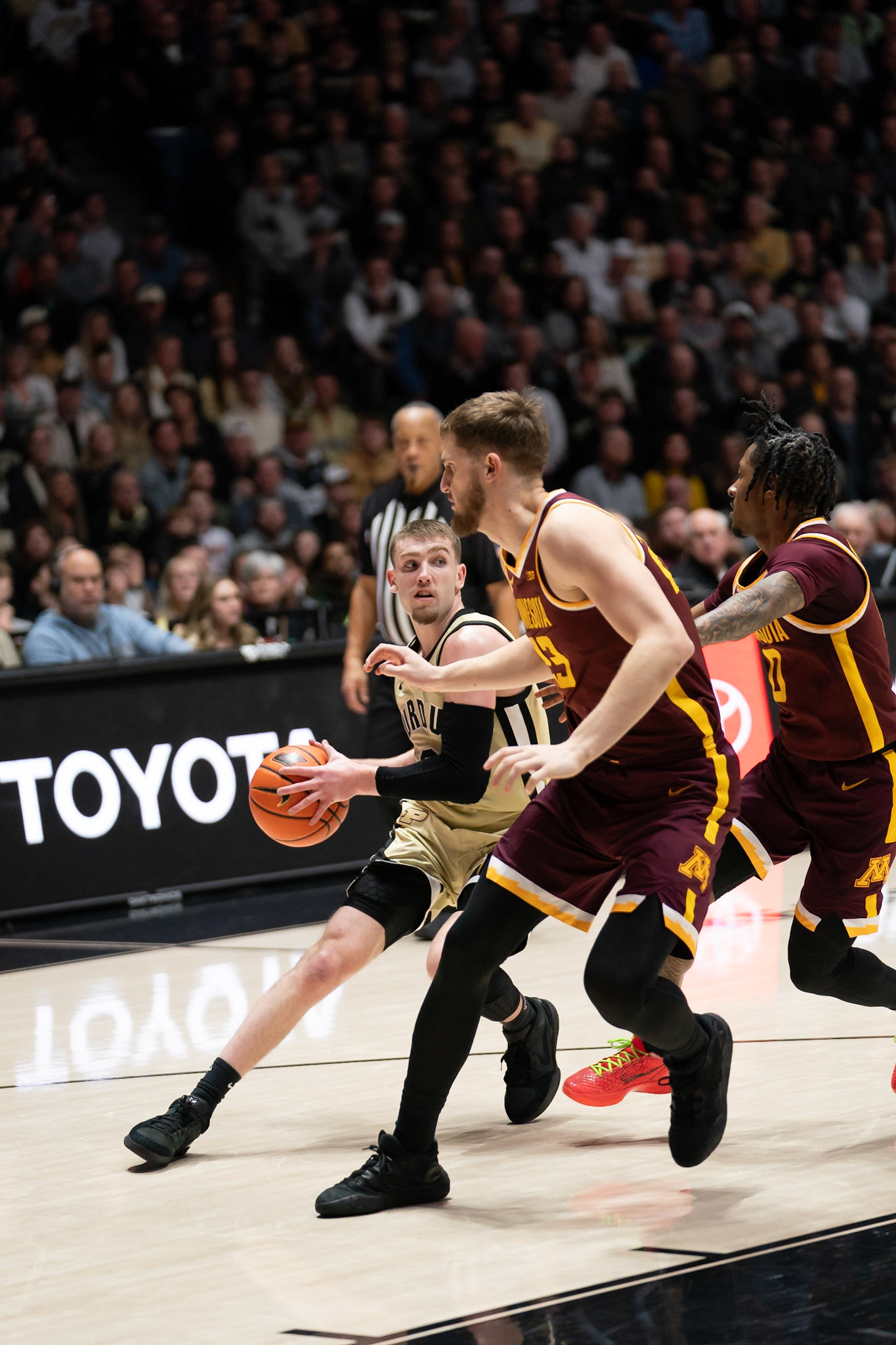 WEST LAFAYETTE, IN - FEBRUARY 15, 2024: Purdue Sophomore Guard Braden Smith (3), Minnesota Redshirt Senior Forward Parker Fox (23) in Purdue Boilermakers Men's Basketball vs the Minnesota Golden Gophers at Mackey Arena(Photo by Steve Bowen / Bowen Arrow Photography / Northern Indiana Sports Report)