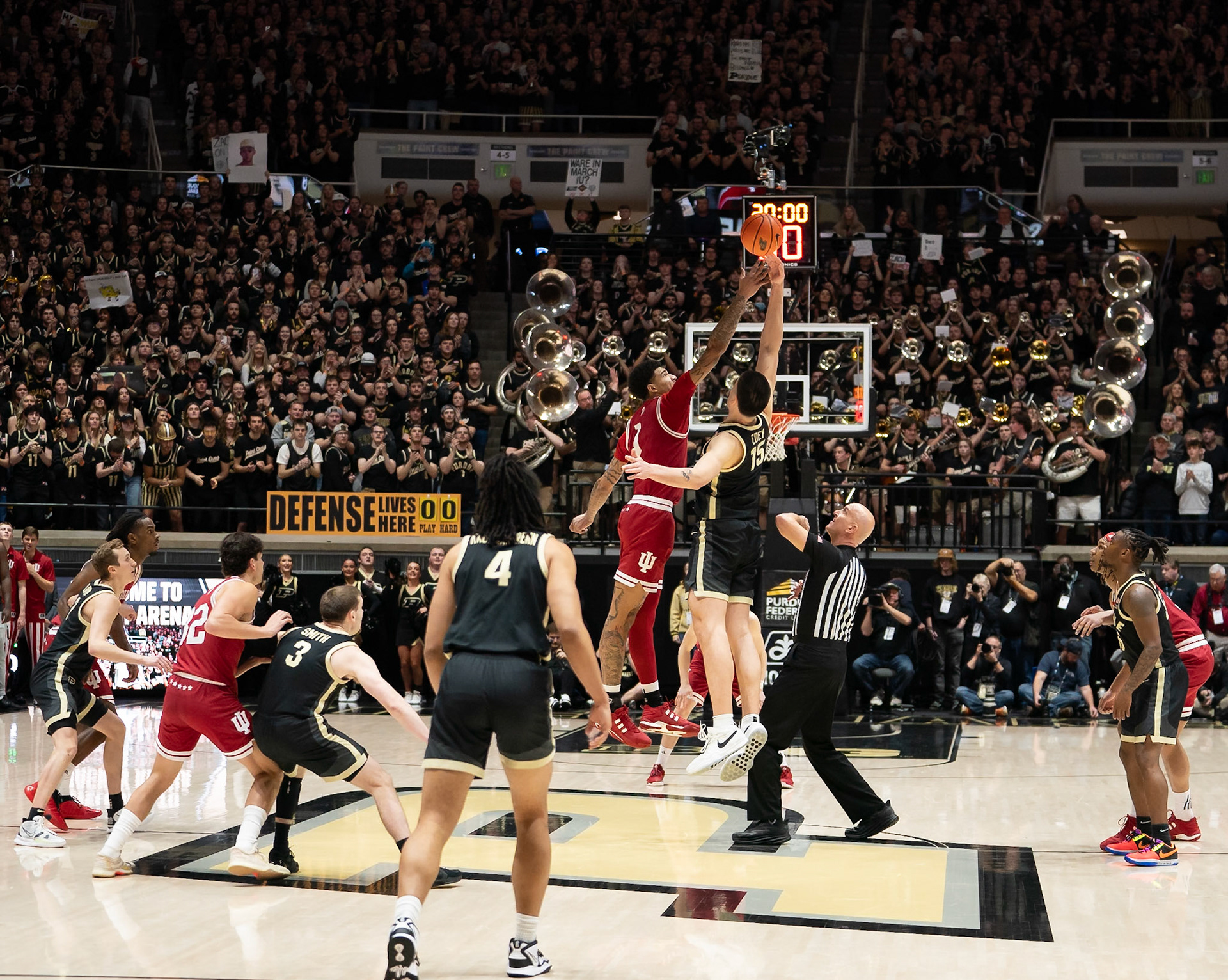 WEST LAFAYETTE, IN - FEBRUARY 10, 2024: Purdue Senior Center Zach Edey (15), Indiana Sophomore Center Kel'el Ware (1) in Purdue Boilermaker vs Indiana Hoosiers Basketball at Mackey Arena(Photo by Steve Bowen / Bowen Arrow Photography / Northern Indiana Sports Report)