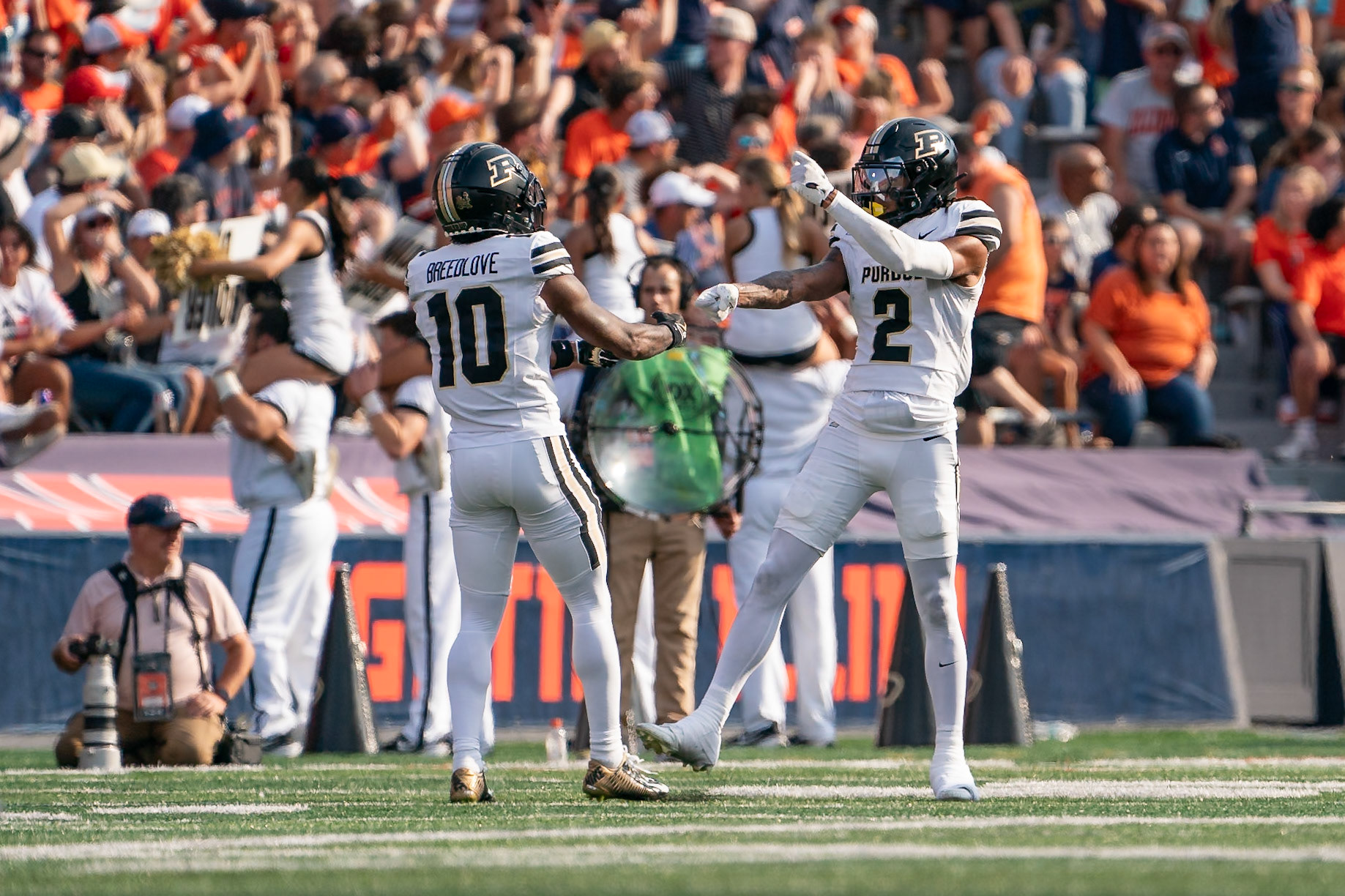 CHAMPAIGN, IL - OCTOBER 12, 2024: Purdue University Junior Defensive Back Nyland Green (2), Purdue University Junior Defensive Back Kyndrich Breedlove (10) during the Purdue University Boilermakers at University of Illinois Fighting Illini Football game at Memorial Stadium(Photo by Steve Bowen / Bowen Arrow Photography / Northern Indiana Sports Report)