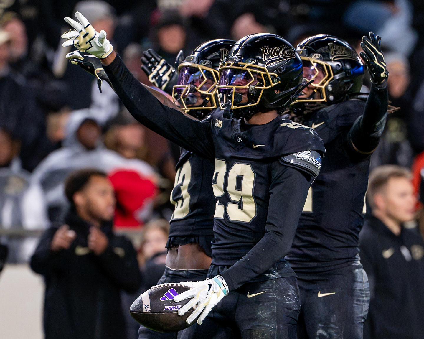 WEST LAFAYETTE, IN - OCTOBER 16, 2026: Purdue University Sophomore Defensive Back Dee Newsome (29), Purdue University Junior Defensive Back John Slaughter (13) during the Purdue Boilermakers vs Washington Huskies football game at Ross-Ade Stadium(Photo by Steve Bowen / Northern Indiana Sports Report)
