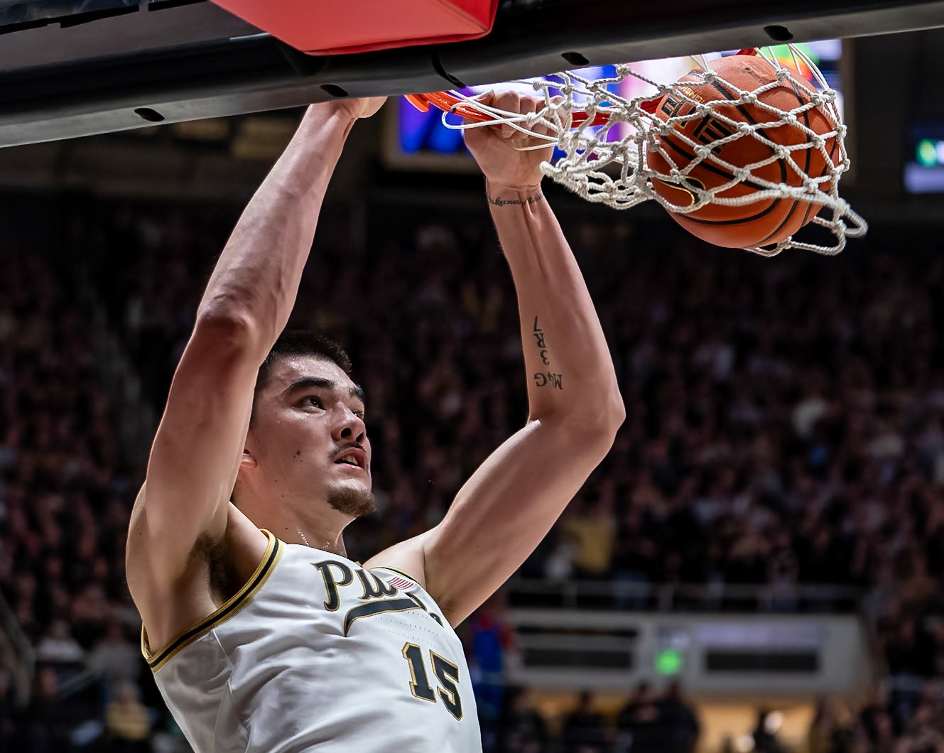 WEST LAFAYETTE, IN - JANUARY 31, 2024: Purdue Senior Center Zach Edey (15) competing in Purdue Boilermakers Mens Basketball versus the Northwestern Wildcats at Mackey Arena(Photo by Steve Bowen / Bowen Arrow Photography / Northern Indiana Sports Report)