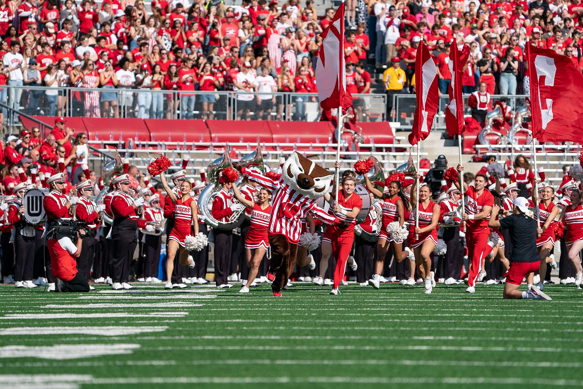 MADISON, WI - OCTOBER 5, 2024: University of Wisconsin Mascot Bucky Badger and the University of Wisconsin Cheerleading Spirit Squad running onto the field before the Purdue University Boilermakers at University of Wisconsin Badger Football game at Camp Randall Stadium(Photo by Steve Bowen / NISports Report)