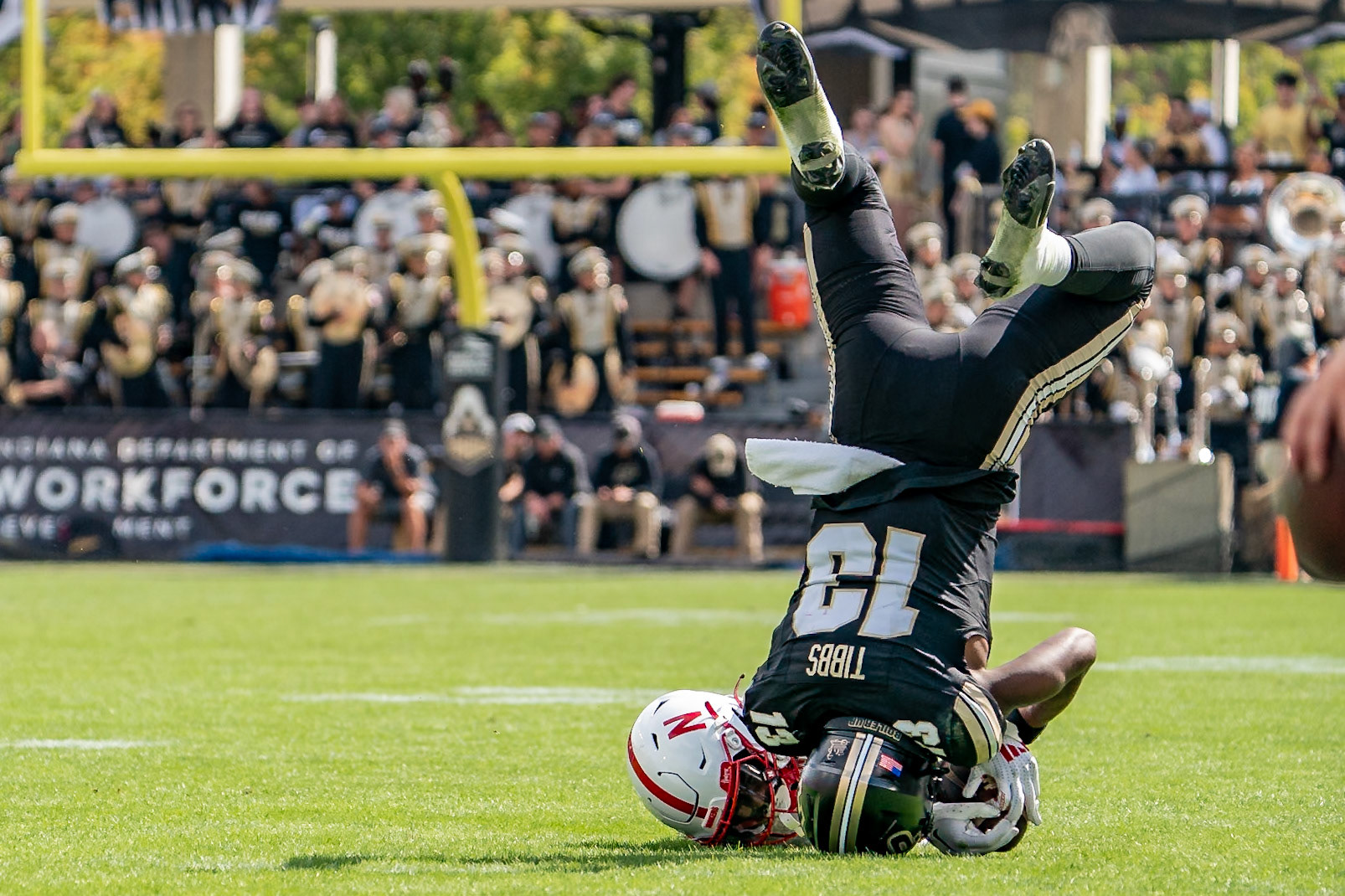 WEST LAFAYETTE, IN - SEPTEMBER 28, 2024: Purdue University Sophomore Wide Receiver Jaron Tibbs (13), Nebraska University Junior Defensive Back Ceyair Wright (15) during the Purdue University Boilermakers vs Nebraska University Cornhuskers Football game at Ross-Ade Stadium(Photo by Steve Bowen / Bowen Arrow Photography / Northern Indiana Sports Report)