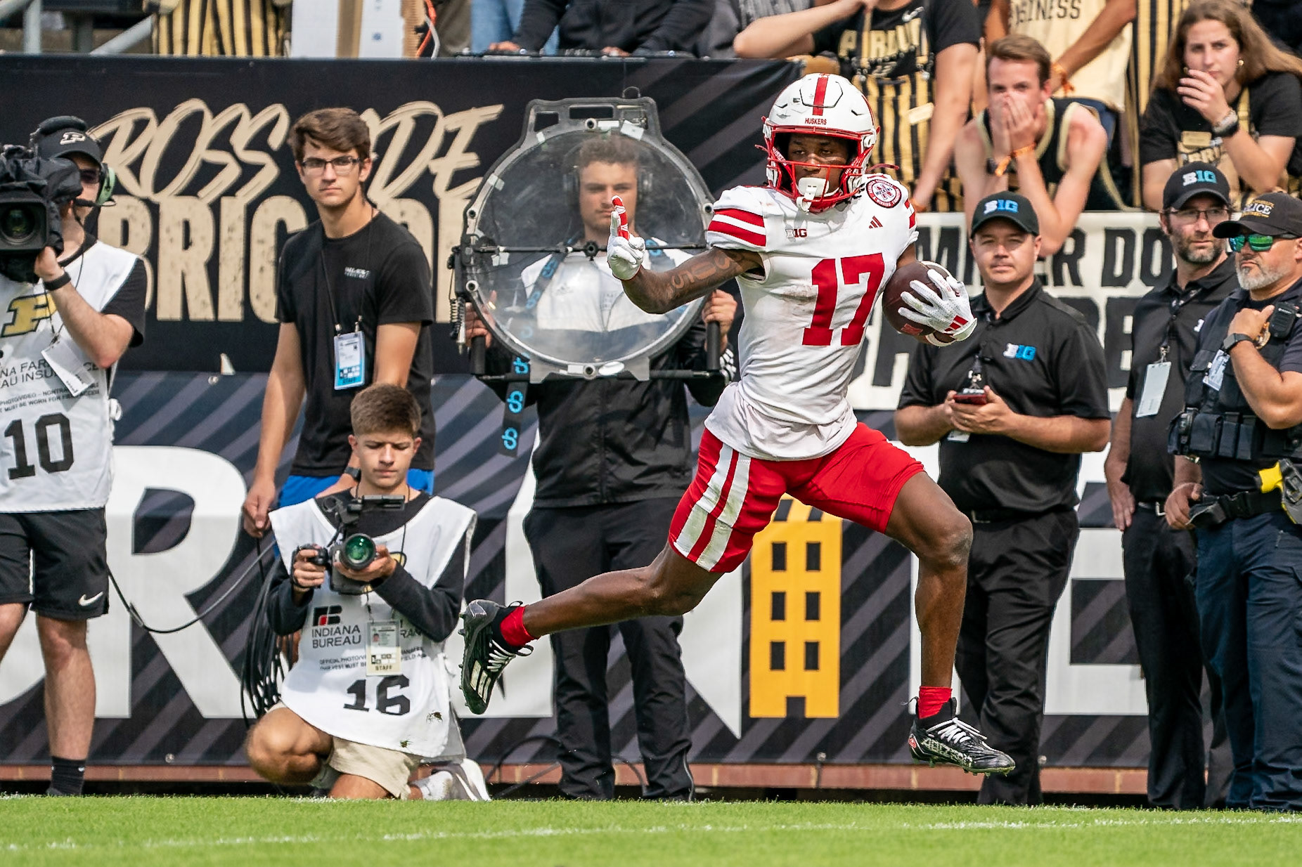 WEST LAFAYETTE, IN - SEPTEMBER 28, 2024: Nebraska University Sophomore Quarterback Luke Longval (17), Purdue University Junior Creative Intern Brian Beattie during the Purdue University Boilermakers vs Nebraska University Cornhuskers Football game at Ross-Ade Stadium(Photo by Steve Bowen / Bowen Arrow Photography / Northern Indiana Sports Report)