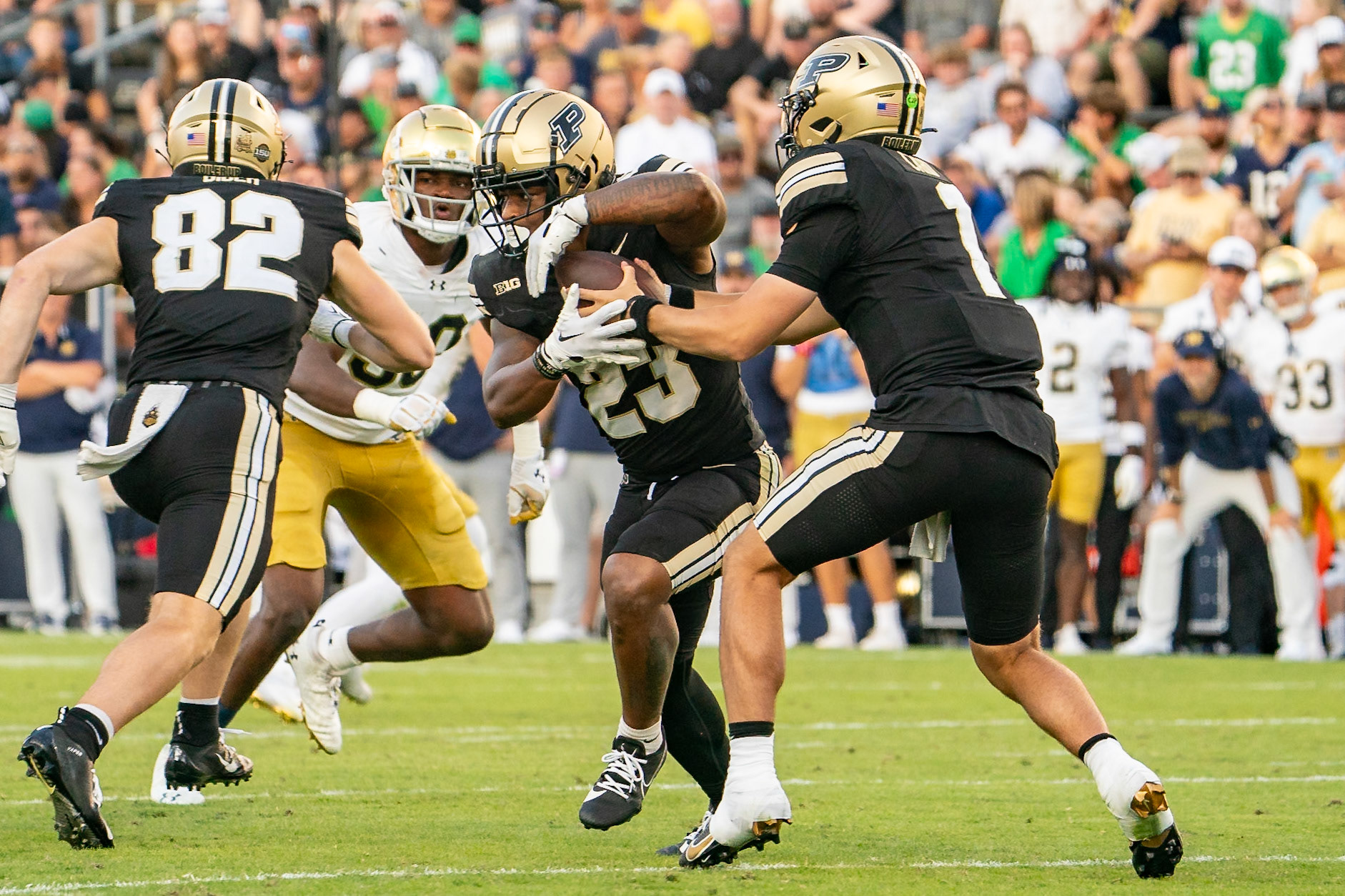 WEST LAFAYETTE, IN - SEPTEMBER 14, 2024: Purdue Sr. Quaterback Hudson Card (1), Purdue Sr. Running Back Reggie Love III (23) during the Purdue University Boilermakers vs Notre Dame Fighting Irish Football game at Ross-Ade Stadium(Photo by Steve Bowen / Bowen Arrow Photography / Northern Indiana Sports Report)