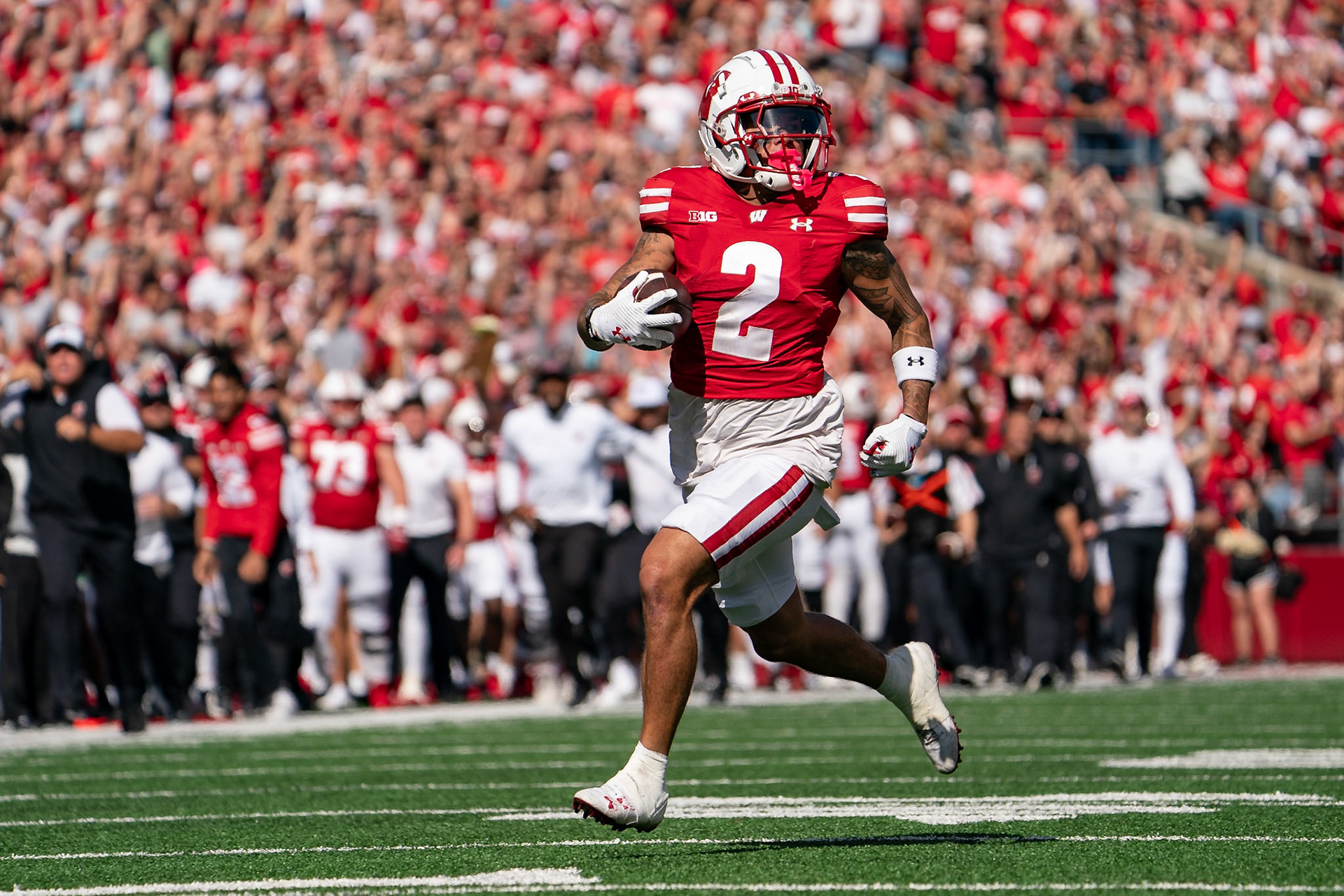 MADISON, WI - OCTOBER 5, 2024: University of Wisconsin Redshirt Freshman WR Trech Kekahuna (2) running in for a touchdown during the Purdue University Boilermakers at University of Wisconsin Badger Football game at Camp Randall Stadium(Photo by Steve Bowen / NISports Report)