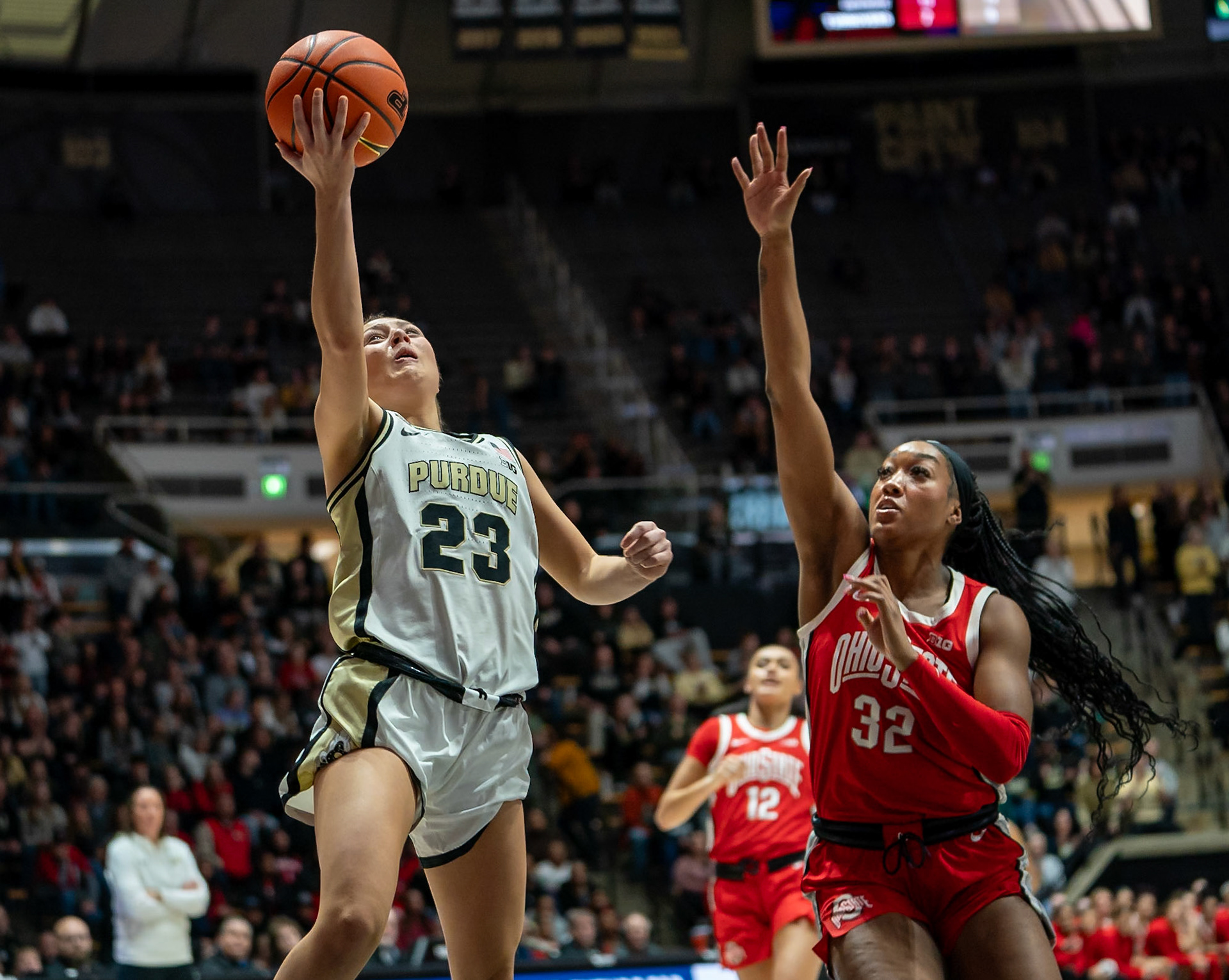 WEST LAFAYETTE, IN - JANUARY 28, 2024: Purdue 5th Year Guard Abbey Ellis (23) competing in Purdue Boilermaker Women's Basketball versus the Ohio State Buckeyes at Mackey Arena(Photo by Steve Bowen / Bowen Arrow Photography / Northern Indiana Sports Report)