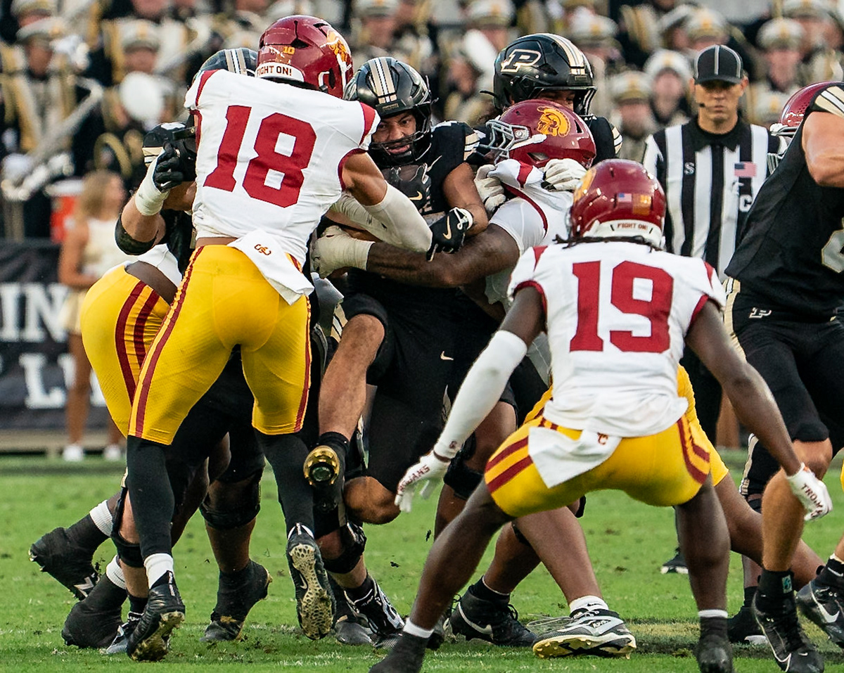 WEST LAFAYETTE, IN - SEPTEMBER 13, 2025: Purdue University Senior Running Back Devin Mockobee (45), USC Redshirt Senior LB Eric Gentry (18) in Purdue Boilermaker Football vs University of Southern California Trojans at Ross-Ade Stadium(Photo by Steve Bowen / Northern Indiana Sports Report)