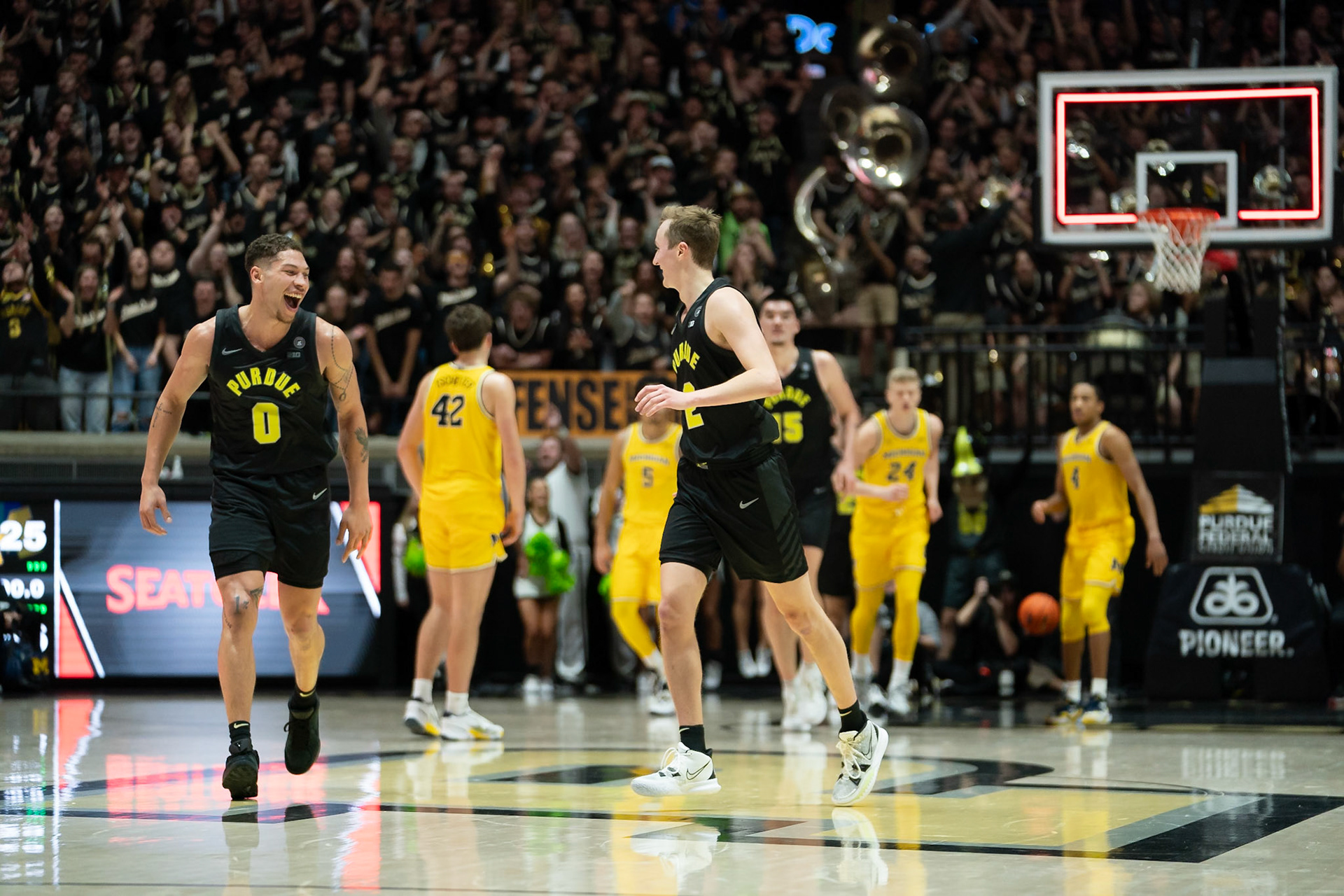 WEST LAFAYETTE, IN - JANUARY 23, 2024: Purdue Sophomore Guard Fletcher Loyer (2), Purdue Senior Forward Mason Gillis (0) competing in Purdue versus Michigan Mens Basketball at Mackey Arena(Photo by Steve Bowen / Bowen Arrow Photography / Northern Indiana Sports Report)