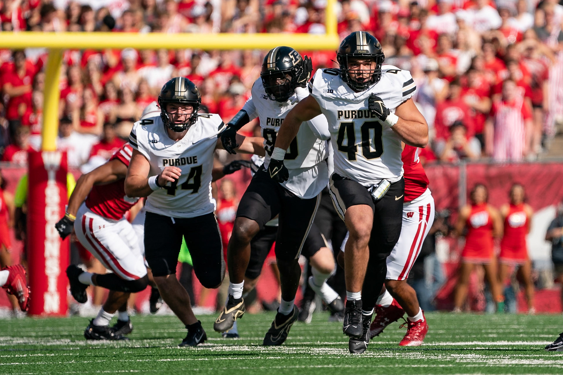 MADISON, WI - OCTOBER 5, 2024: Purdue University Sophomore Linebacker Hudson Miller (40) running downfield during a punt at the Purdue University Boilermakers at University of Wisconsin Badger Football game at Camp Randall Stadium(Photo by Steve Bowen / NISports Report)