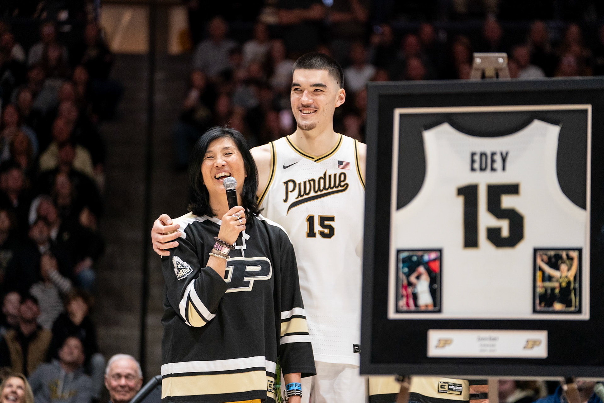 WEST LAFAYETTE, IN - MARCH 10, 2024: Purdue Senior Center Zach Edey (15) in Purdue University Boilermaker Basketball vs University of Wisconsin Badgers at Mackey Arena(Photo by Steve Bowen / Bowen Arrow Photography / Northern Indiana Sports Report)