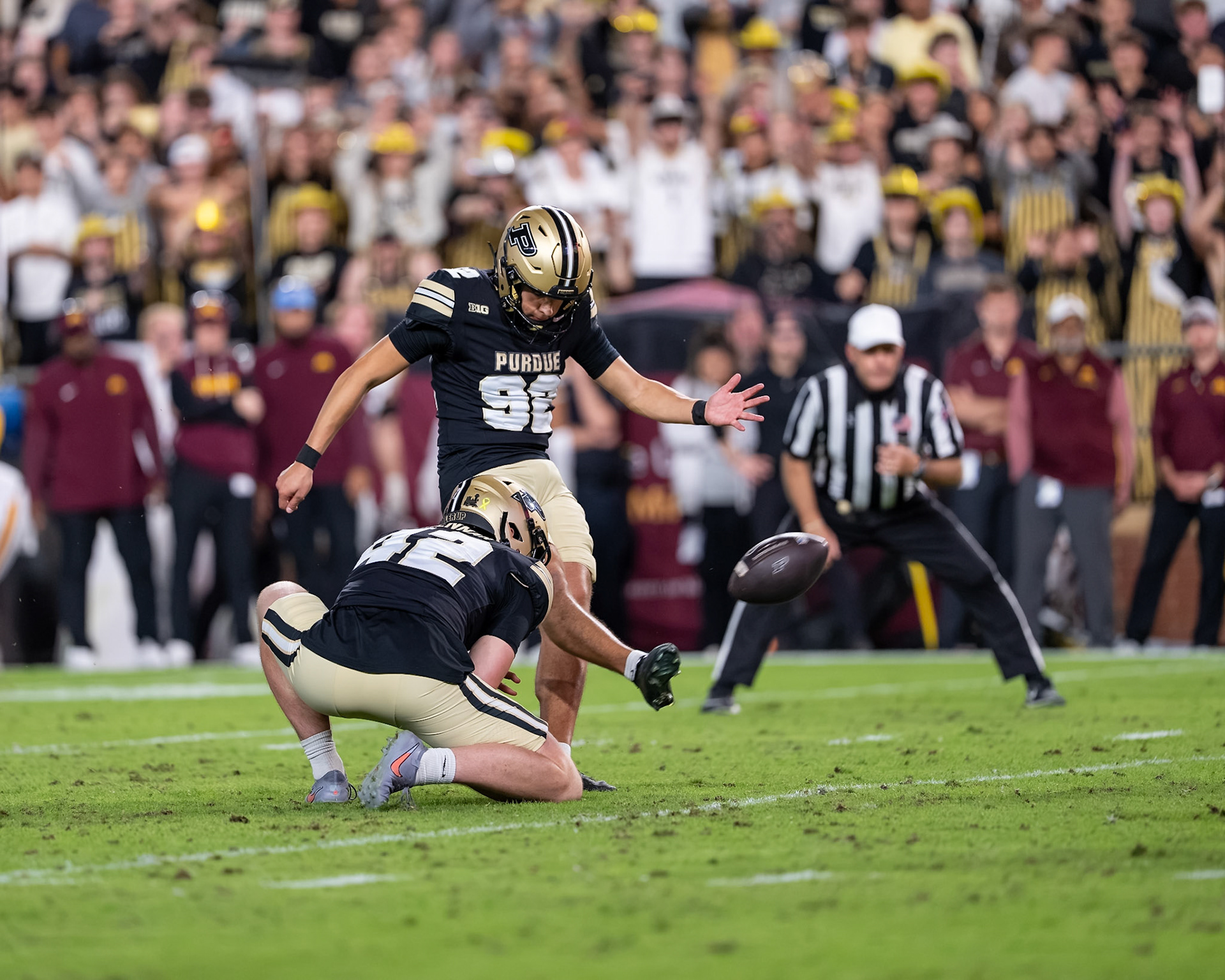 WEST LAFAYETTE, IN - OCTOBER 10, 2026: Purdue University Freshman Kicker Jacobo Echeverria Lozano (92), Purdue University Freshman Punter Dylan Drennan (42) during the Purdue Boilermakers vs Minnesota Golden Gophers football game at Ross-Ade Stadium(Photo by Steve Bowen / Northern Indiana Sports Report)