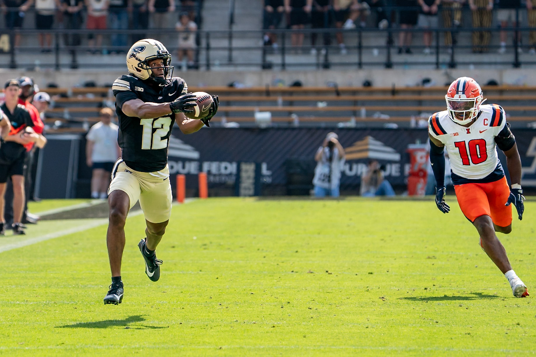 WEST LAFAYETTE, IN - OCTOBER 4, 2025: Purdue University Sophomore Wide Receiver Corey Smith (12) makes a catch in open space during the Purdue Boilermaker Football vs University of Illinois Fighting Illini at Ross-Ade Stadium(Photo by Steve Bowen / Northern Indiana Sports Report)