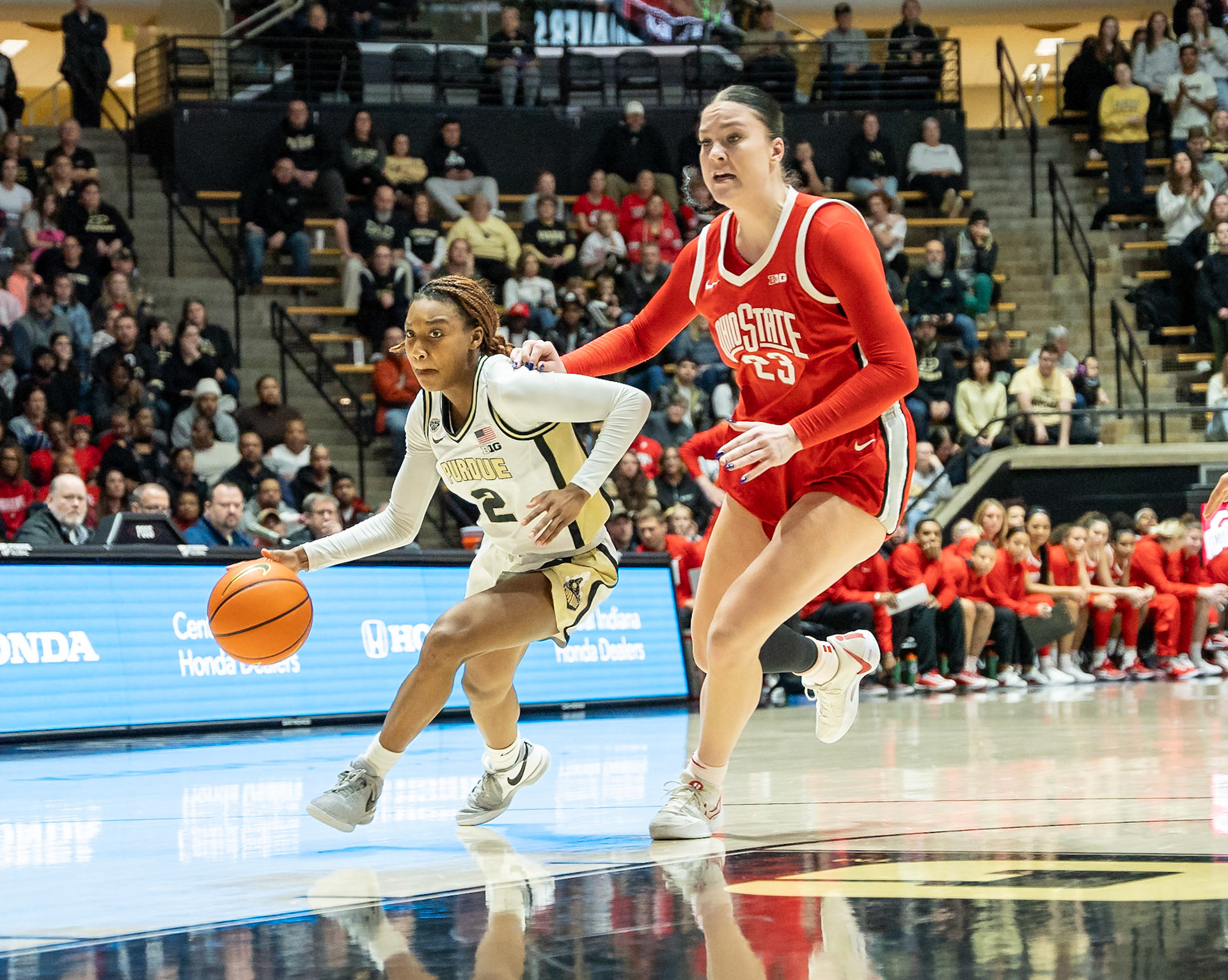 WEST LAFAYETTE, IN - JANUARY 28, 2024: Purdue Freshman Guard Rashunda Jones (2), Ohio State Forward Graduate Rebeka Mikulášiková (23) competing in Purdue Boilermaker Women's Basketball versus the Ohio State Buckeyes at Mackey Arena(Photo by Steve Bowen / Bowen Arrow Photography / Northern Indiana Sports Report)