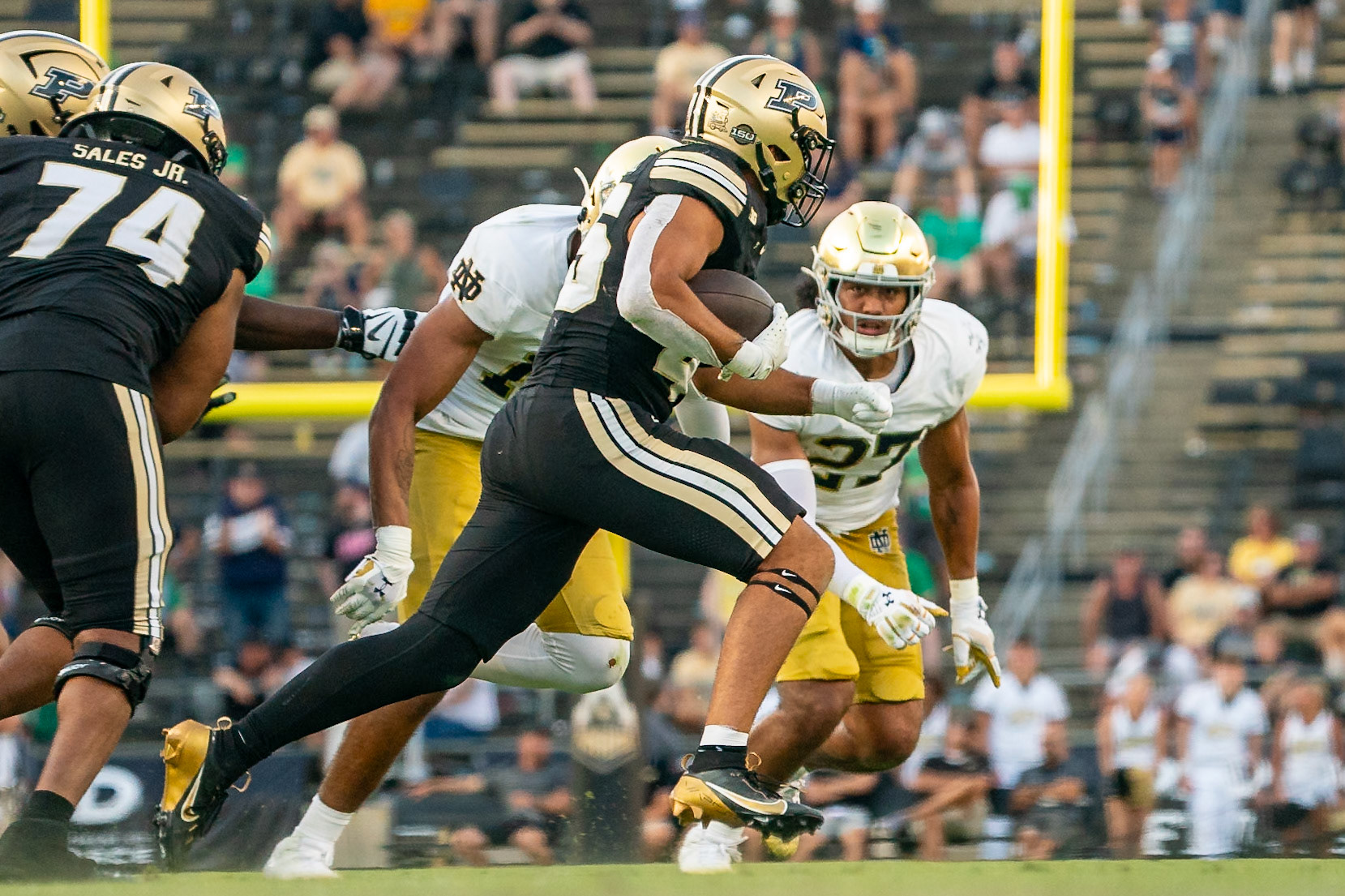 WEST LAFAYETTE, IN - SEPTEMBER 14, 2024: Purdue Jr. Running Back Devin Mockobee (45), Notre Dame Freshman LB Kyngstonn Viliamu-Asa (27) during the Purdue University Boilermakers vs Notre Dame Fighting Irish Football game at Ross-Ade Stadium(Photo by Steve Bowen / Bowen Arrow Photography / Northern Indiana Sports Report)
