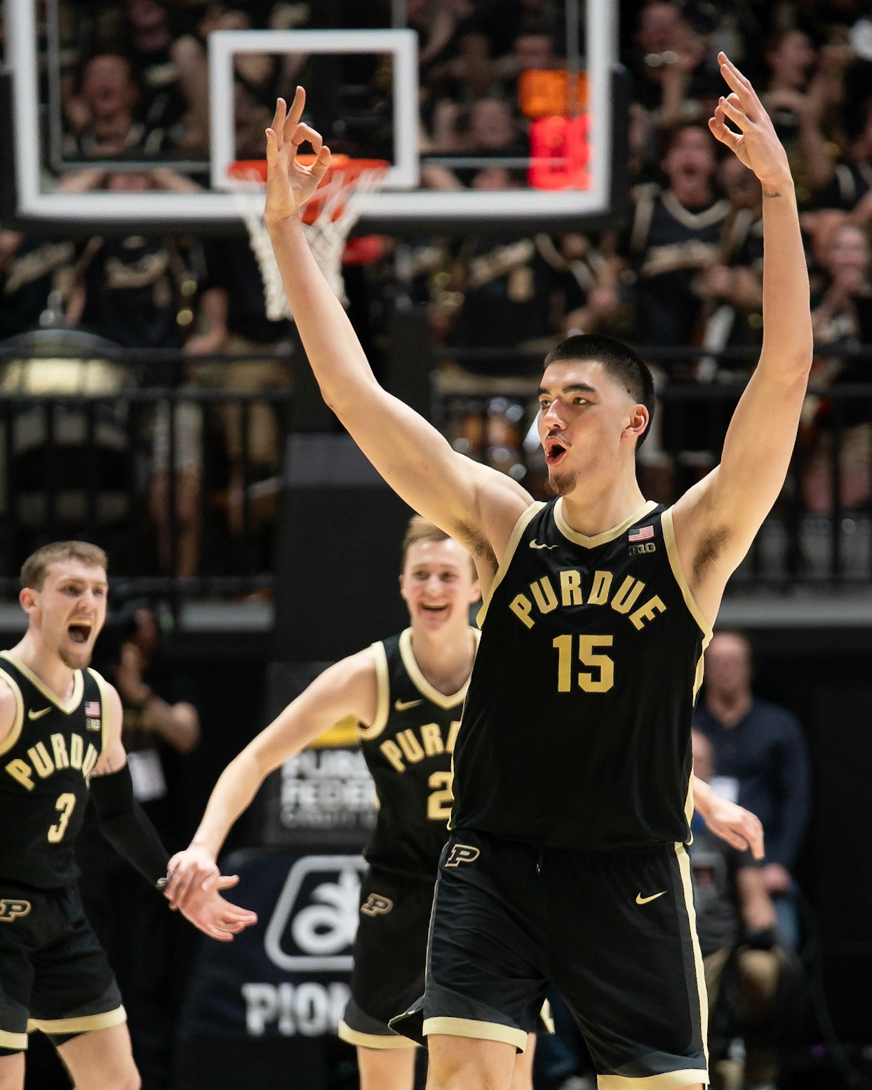 WEST LAFAYETTE, IN - FEBRUARY 10, 2024: Purdue Senior Center Zach Edey (15) in Purdue Boilermaker vs Indiana Hoosiers Basketball at Mackey Arena(Photo by Steve Bowen / Bowen Arrow Photography / Northern Indiana Sports Report)