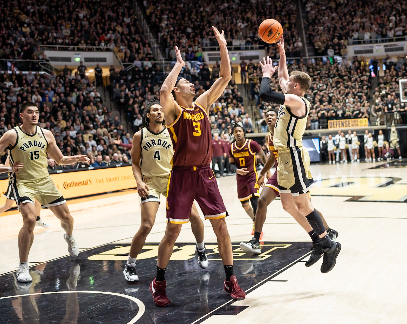 WEST LAFAYETTE, IN - FEBRUARY 15, 2024: Purdue Sophomore Guard Braden Smith (3), Minnesota Junior Forward Dawson Garcia (3) in Purdue Boilermakers Men's Basketball vs the Minnesota Golden Gophers at Mackey Arena(Photo by Steve Bowen / Bowen Arrow Photography / Northern Indiana Sports Report)