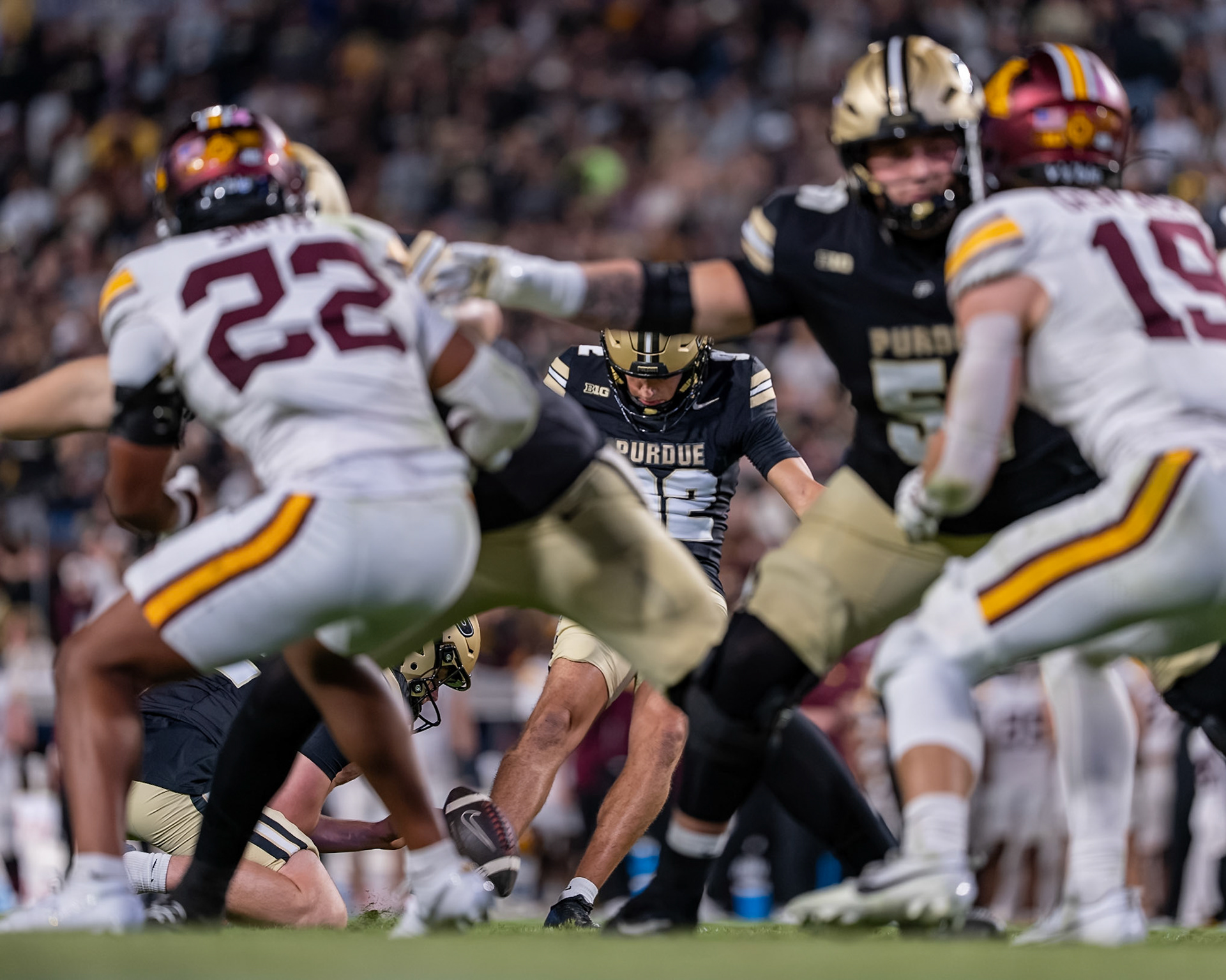 WEST LAFAYETTE, IN - OCTOBER 10, 2026: Purdue University Freshman Kicker Jacobo Echeverria Lozano (92) during the Purdue Boilermakers vs Minnesota Golden Gophers football game at Ross-Ade Stadium(Photo by Steve Bowen / Northern Indiana Sports Report)