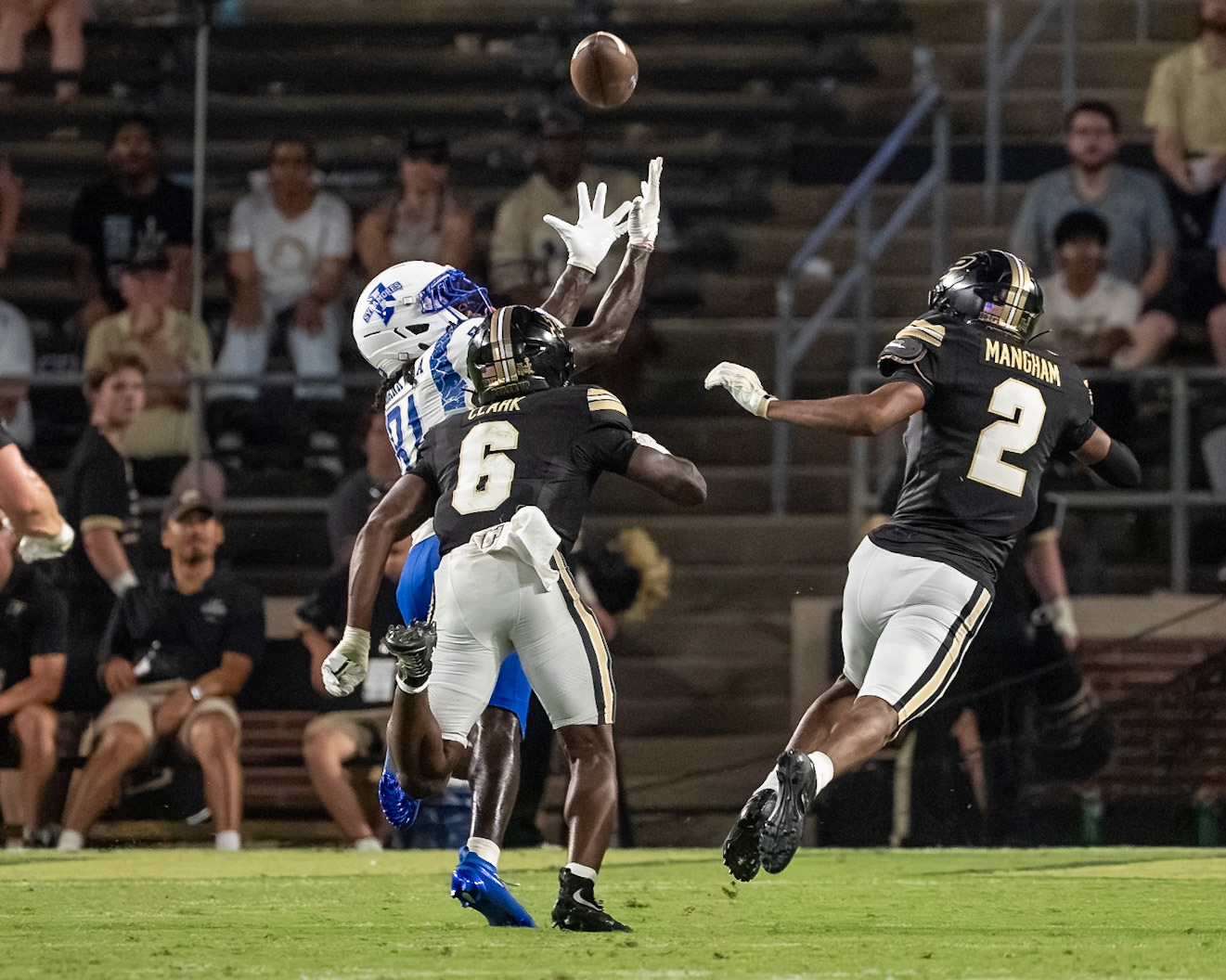 WEST LAFAYETTE, IN - SEPTEMBER 4, 2026: Indiana State University Wide Receiver Thomas Amankwaa (81) catches a deep pass while being chased by Purdue University Junior Defensive Back Mister Clark (6), and Purdue University Senior Defensive Back Jaden Mangham (2) during the Purdue Boilermaker Football game vs the Indiana State Sycamores at Ross-Ade Stadium(Photo by Steve Bowen / Northern Indiana Sports Report)