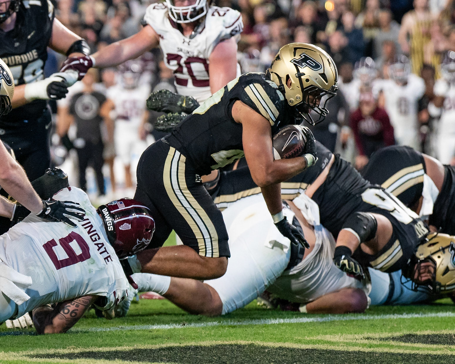 WEST LAFAYETTE, IN - SEPTEMBER 6, 2025: Purdue University Senior Running Back Devin Mockobee (45) falls into the endzone at Purdue Boilermaker Football vs Southern Illinois Saluki Football at Ross-Ade Stadium(Photo by Steve Bowen / Northern Indiana Sports Report)