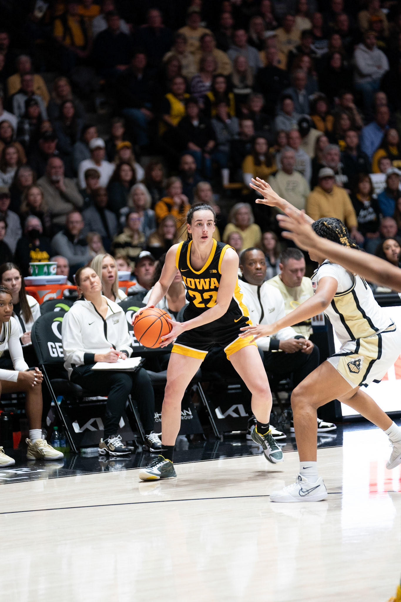 WEST LAFAYETTE, IN - JANUARY 10, 2024: Iowa Guard Senior Caitlin Clark (22) competing in Purdue Boilermaker Women's Basketball vs the Iowa Hawkeyes at Mackey Arena(Photo by Steve Bowen / Bowen Arrow Photography / Northern Indiana Sports Report)