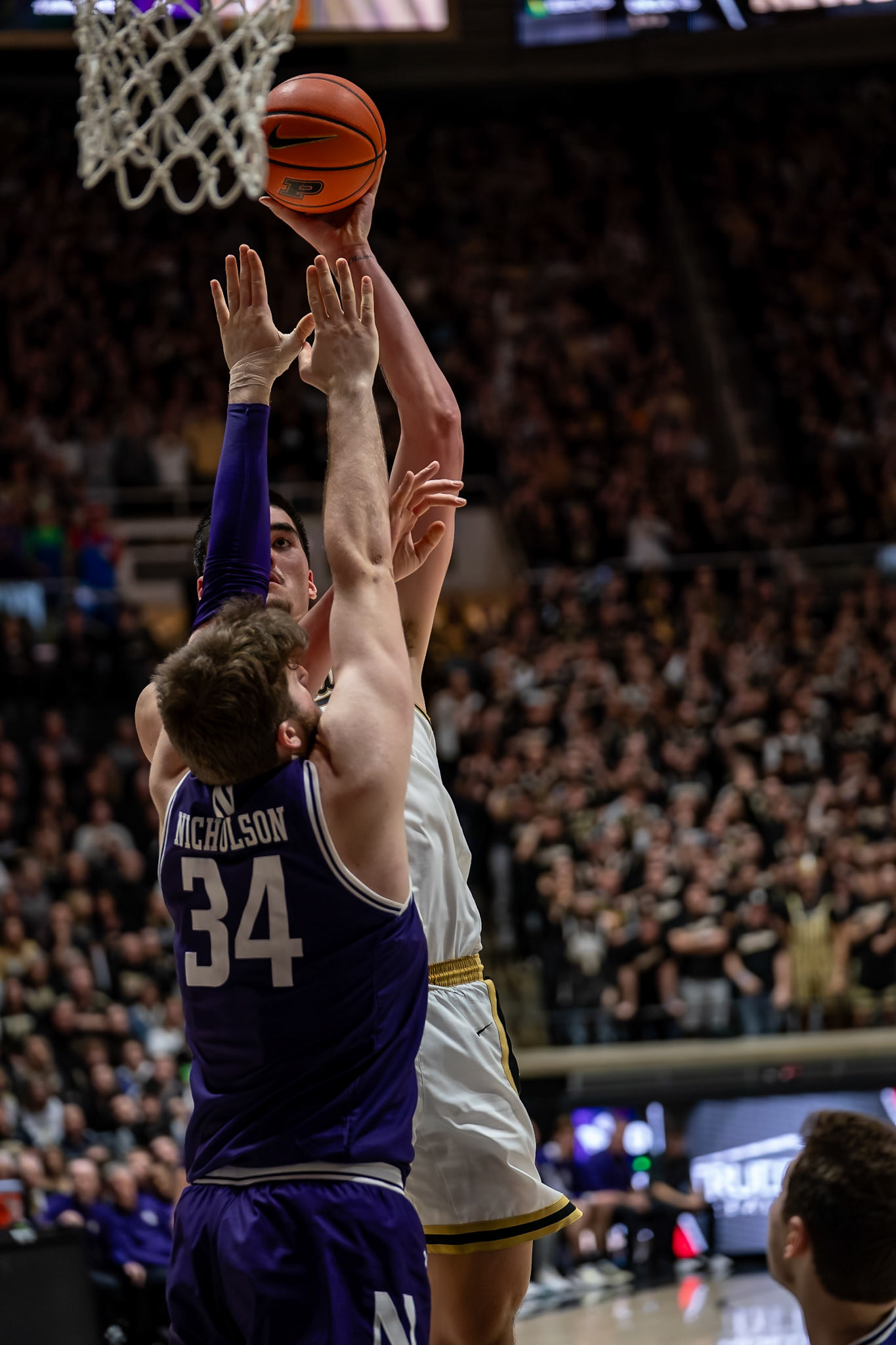 WEST LAFAYETTE, IN - JANUARY 31, 2024: Purdue Senior Center Zach Edey (15), Northwestern Senior Center Matthew Nicholson (34) competing in Purdue Boilermakers Mens Basketball versus the Northwestern Wildcats at Mackey Arena(Photo by Steve Bowen / Bowen Arrow Photography / Northern Indiana Sports Report)