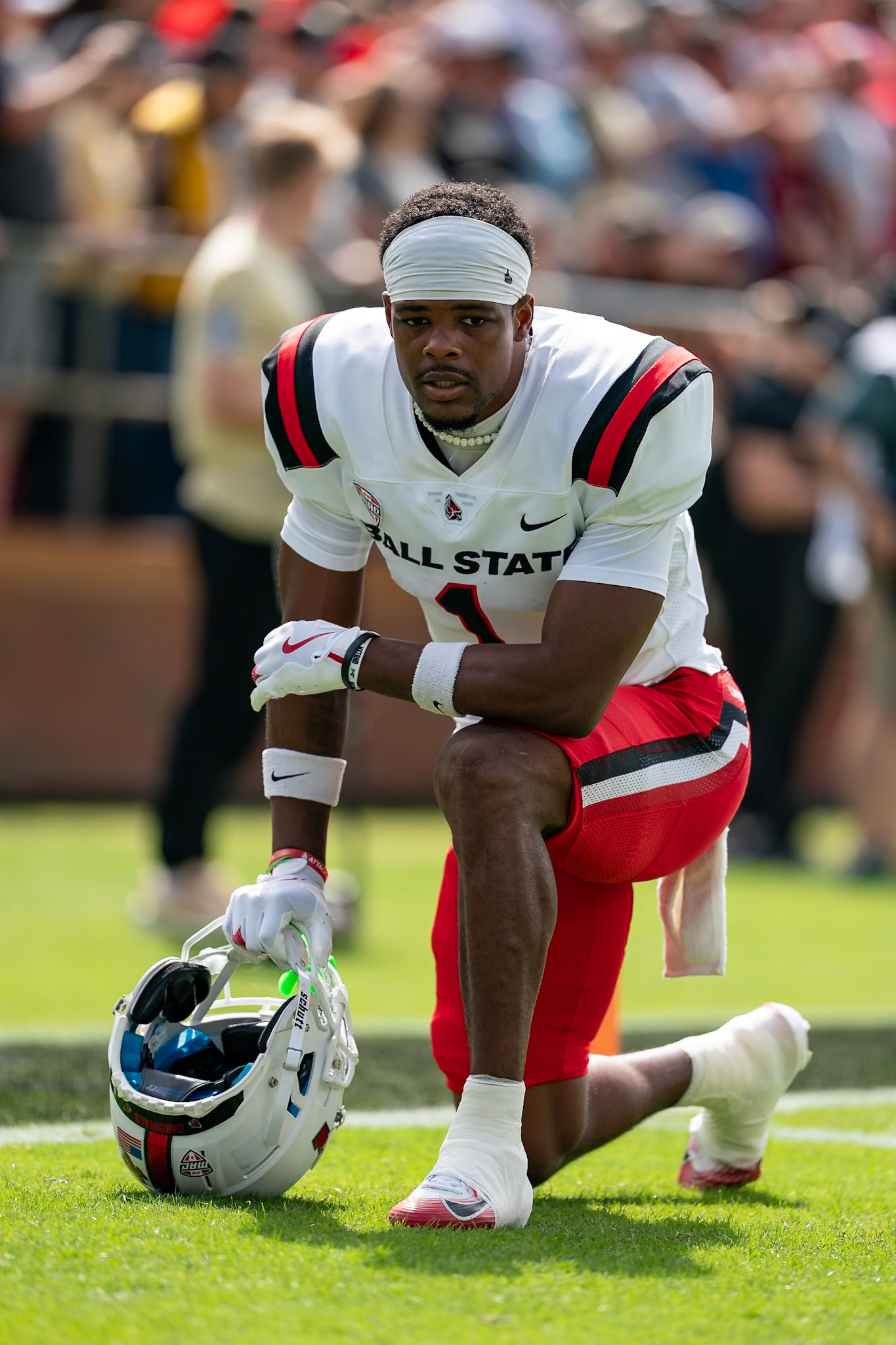 WEST LAFAYETTE, IN - AUGUST 30, 2025: Ball State University R-Sr. QB Kiael Kelly (1) before the coin toss at Purdue Boilermaker Football vs Ball State Football at Ross-Ade Stadium(Photo by Steve Bowen / Northern Indiana Sports Report)
