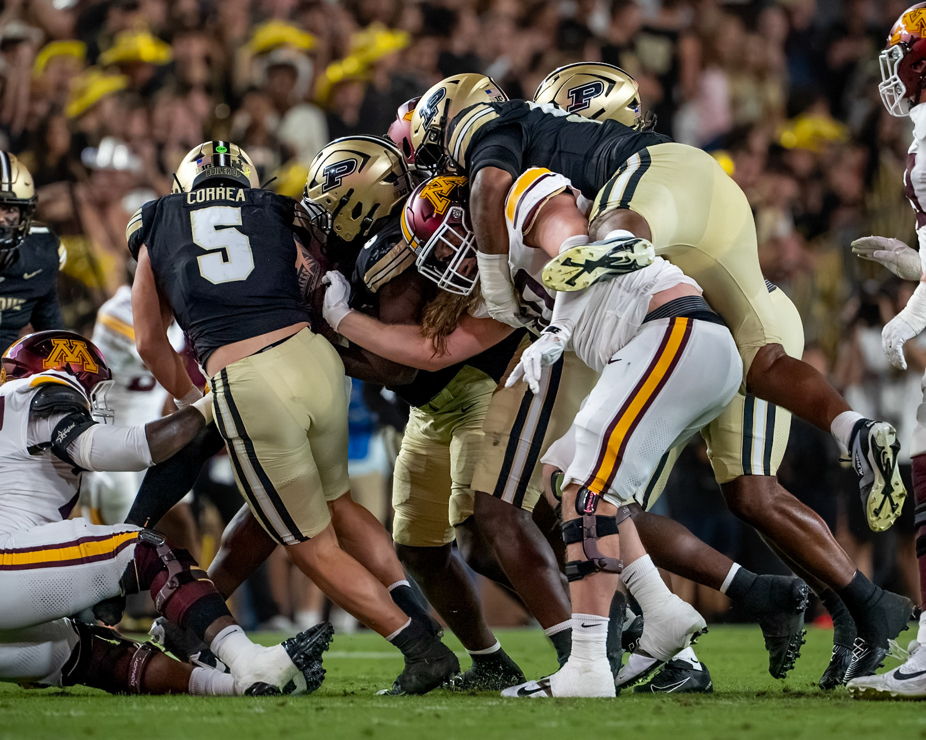 WEST LAFAYETTE, IN - OCTOBER 10, 2026: Purdue University Junior Defensive Lineman Curt Neal (92), University of Minnesota Junior OL Nathan Roy (50), Purdue University Junior Linebacker Charles Correa (5) during the Purdue Boilermakers vs Minnesota Golden Gophers football game at Ross-Ade Stadium(Photo by Steve Bowen / Northern Indiana Sports Report)