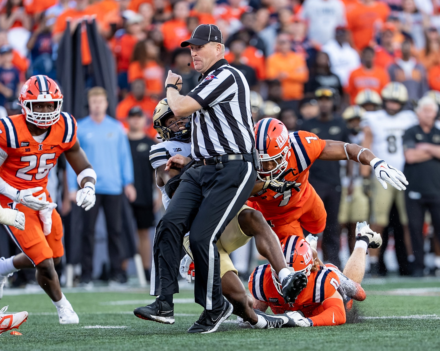 CHAMPAIGN, IL - OCTOBER 3, 2026: Purdue University Senior Wide Receiver Xavier Townsend (3), University of Illinois 5th Year DB Matthew Bailey (7), University of Illinois Senior DB Mac Resetich (0) during the Purdue Boilermakers at Illinois Fighting Illini football game at Gies Memorial Stadium(Photo by Steve Bowen / Northern Indiana Sports Report)