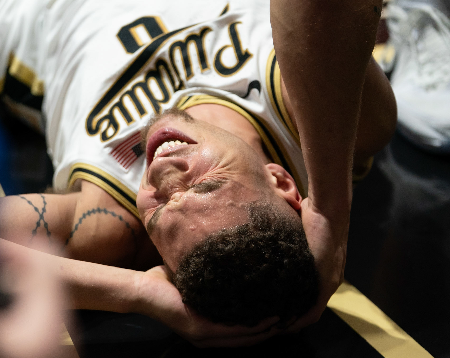 WEST LAFAYETTE, IN - JANUARY 5, 2024: Purdue Senior Forward Mason Gillis (0) after hitting the floor hard in Purdue Boilermaker's Basketball vs the Illinois Fighting Illini at Mackey Arena(Photo by Steve Bowen / Bowen Arrow Photography / Northern Indiana Sports Report)