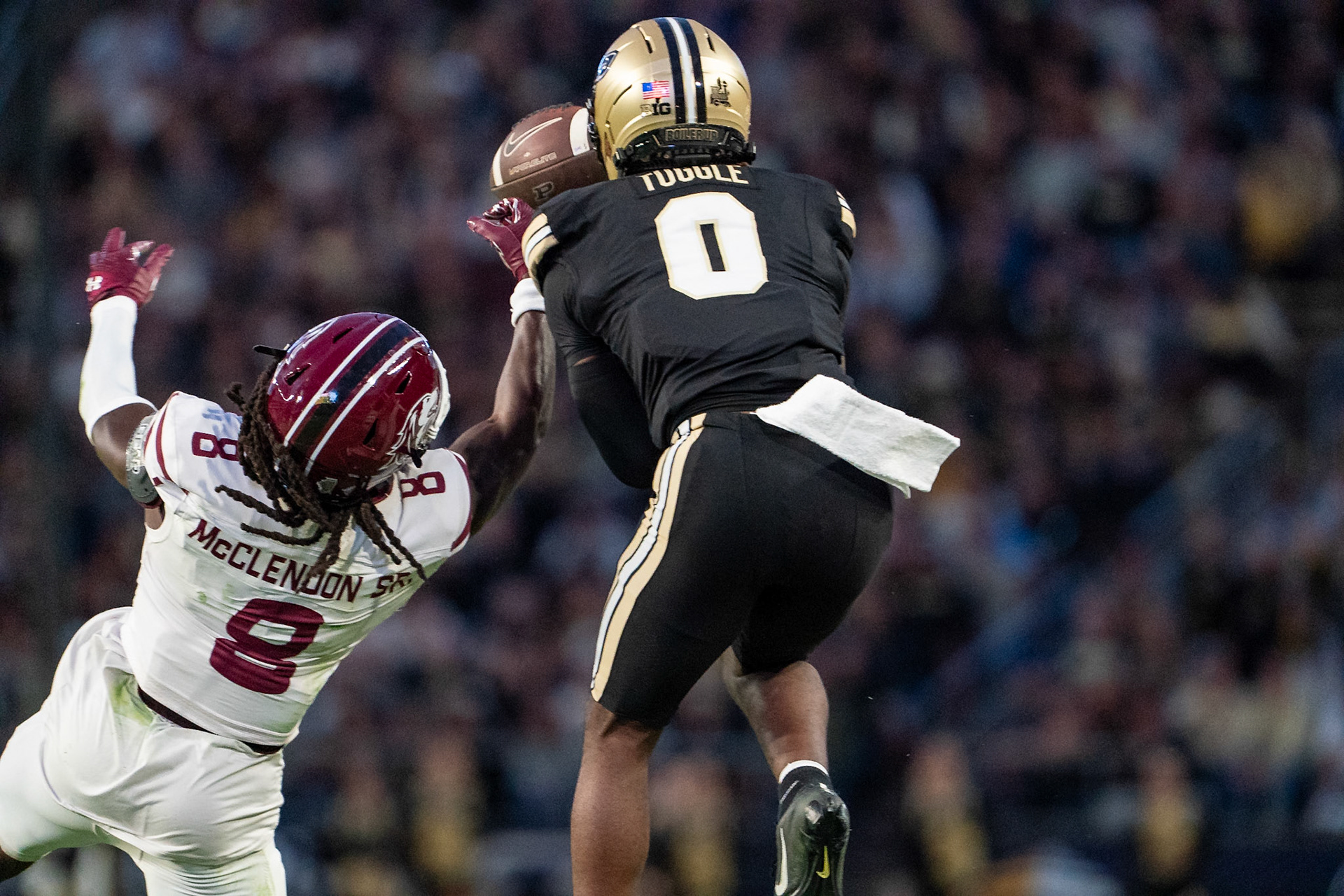 WEST LAFAYETTE, IN - SEPTEMBER 6, 2025: Purdue University Sophomore Wide Receiver Nitro Tuggle (0) tries to catch a pass while Southern Illinois University Sr. CB Jeremiah McClendon (8) knocks it out of his hands at Purdue Boilermaker Football vs Southern Illinois Saluki Football at Ross-Ade Stadium(Photo by Steve Bowen / Northern Indiana Sports Report)