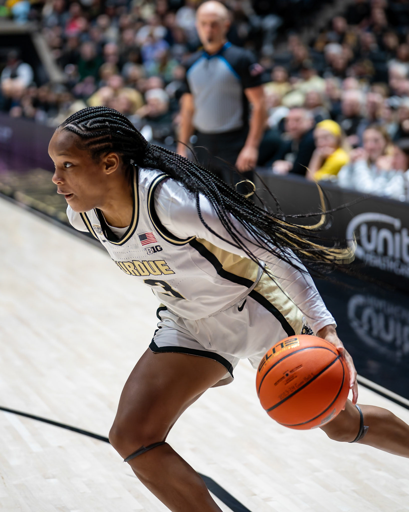 WEST LAFAYETTE, IN - JANUARY 10, 2024: Purdue Junior Guard Jayla Smith (3) competing in Purdue Boilermaker Women's Basketball vs the Iowa Hawkeyes at Mackey Arena(Photo by Steve Bowen / Bowen Arrow Photography / Northern Indiana Sports Report)