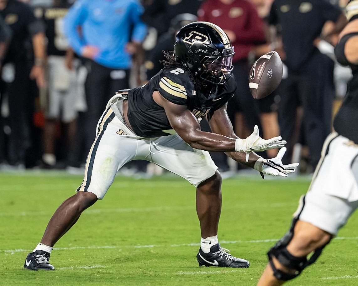 WEST LAFAYETTE, IN - SEPTEMBER 4, 2026: Purdue University Sophomore Running Back Fame Ijeboi (2) bobbles the direct snap at the goal line during the Purdue Boilermaker Football game vs the Indiana State Sycamores at Ross-Ade Stadium(Photo by Steve Bowen / Northern Indiana Sports Report)