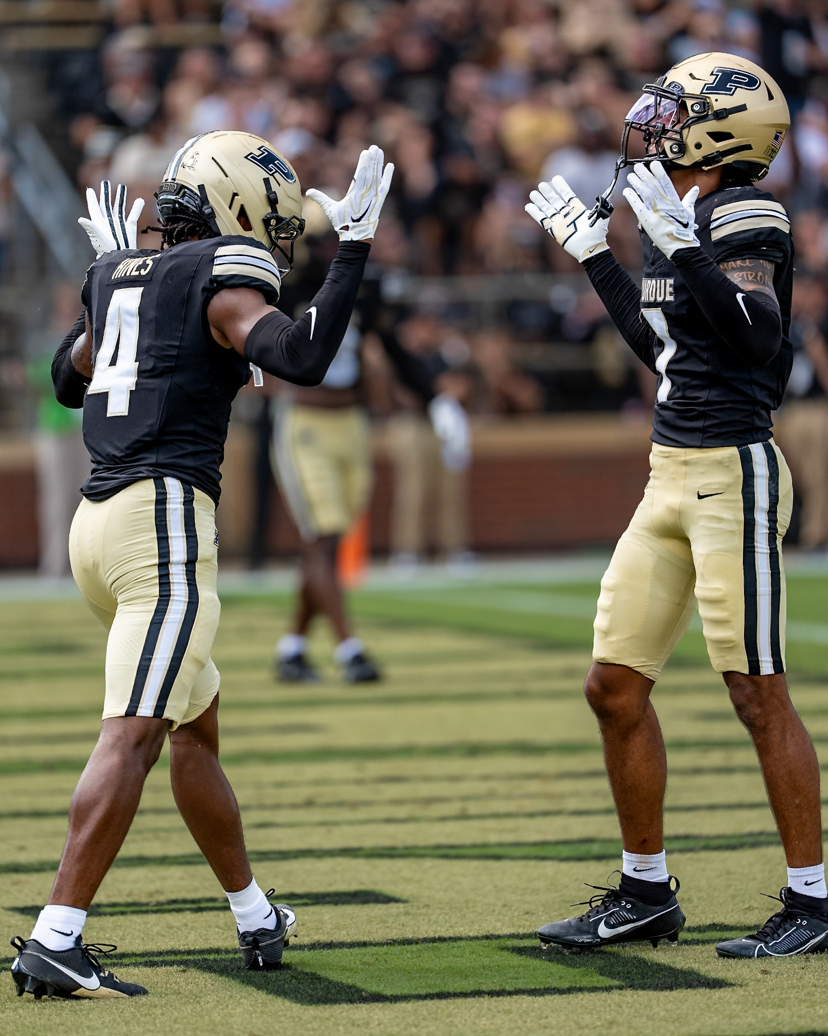 WEST LAFAYETTE, IN - SEPTEMBER 12, 2026: Purdue University Junior Defensive Back Hudauri Hines (4) and Purdue University Senior Defensive Back Donovan Saunders (7) celebrating a defensive stop during the Purdue Boilermakers football game vs the Wake Forest Demon Deacons at Ross-Ade Stadium(Photo by Steve Bowen / Northern Indiana Sports Report)