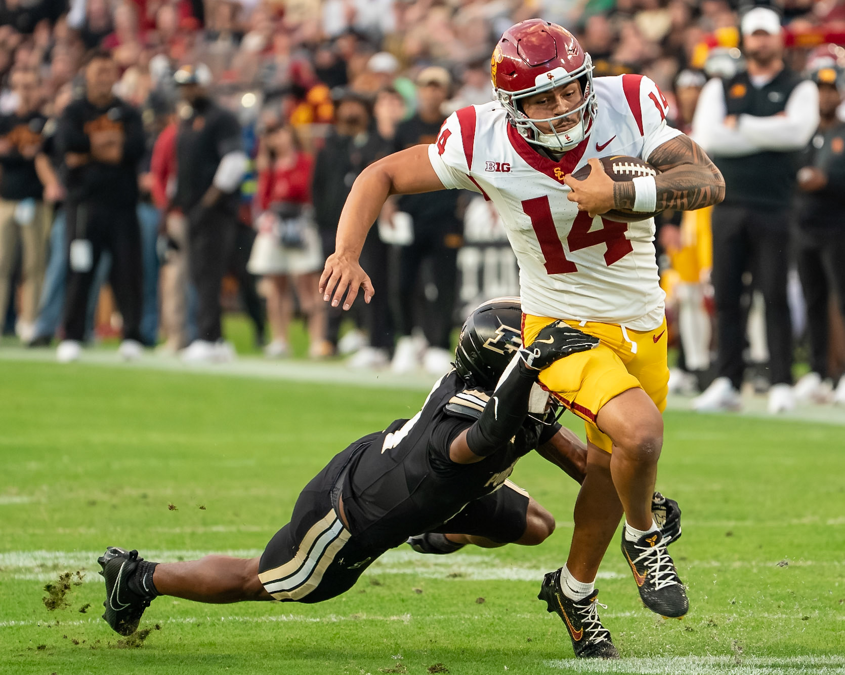 WEST LAFAYETTE, IN - SEPTEMBER 13, 2025: USC Redshirt Junior QB Jayden Maiava (14), Purdue University Sophomore Defensive Back Hudauri Hines (4) in Purdue Boilermaker Football vs University of Southern California Trojans at Ross-Ade Stadium(Photo by Steve Bowen / Northern Indiana Sports Report)
