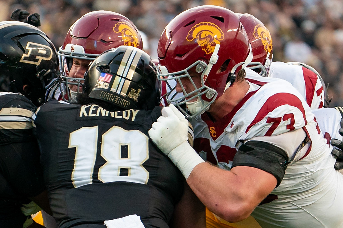 WEST LAFAYETTE, IN - SEPTEMBER 13, 2025: USC Redshirt Sophomore OL Tobias Raymond (73), Purdue University Sophomore Defensive Lineman Demeco Kennedy (18) in Purdue Boilermaker Football vs University of Southern California Trojans at Ross-Ade Stadium(Photo by Steve Bowen / Northern Indiana Sports Report)