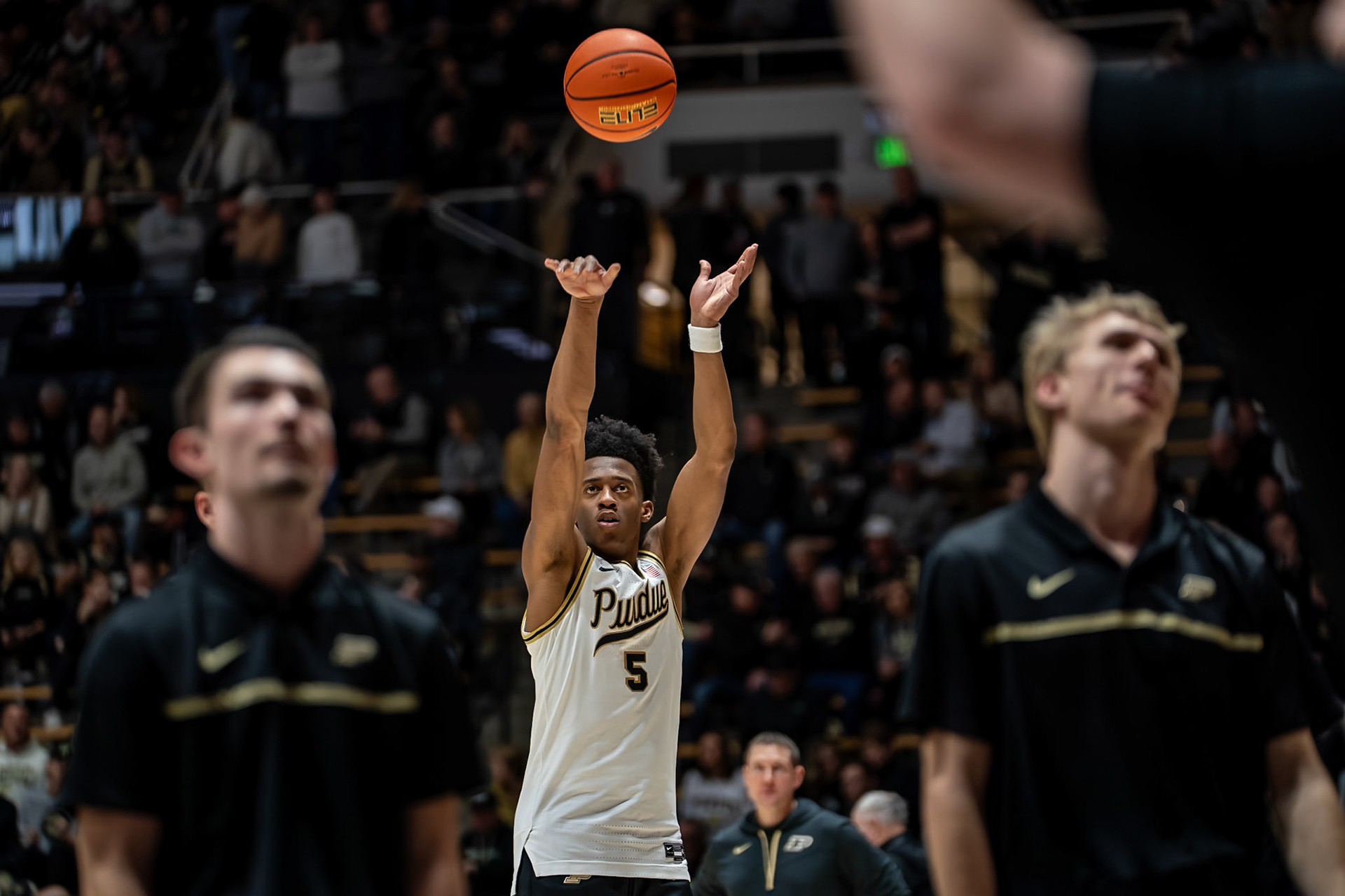 WEST LAFAYETTE, IN - JANUARY 31, 2024: Purdue Freshman Guard Myles Colvin (5) competing in Purdue Boilermakers Mens Basketball versus the Northwestern Wildcats at Mackey Arena(Photo by Steve Bowen / Bowen Arrow Photography / Northern Indiana Sports Report)