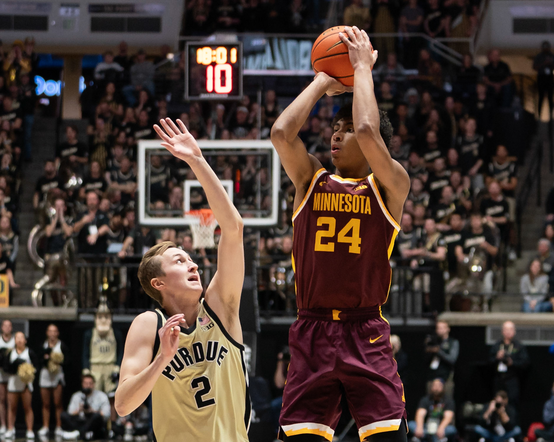 WEST LAFAYETTE, IN - FEBRUARY 15, 2024: Minnesota Freshman Guard Cam Christie (24), Purdue Sophomore Guard Fletcher Loyer (2) in Purdue Boilermakers Men's Basketball vs the Minnesota Golden Gophers at Mackey Arena(Photo by Steve Bowen / Bowen Arrow Photography / Northern Indiana Sports Report)