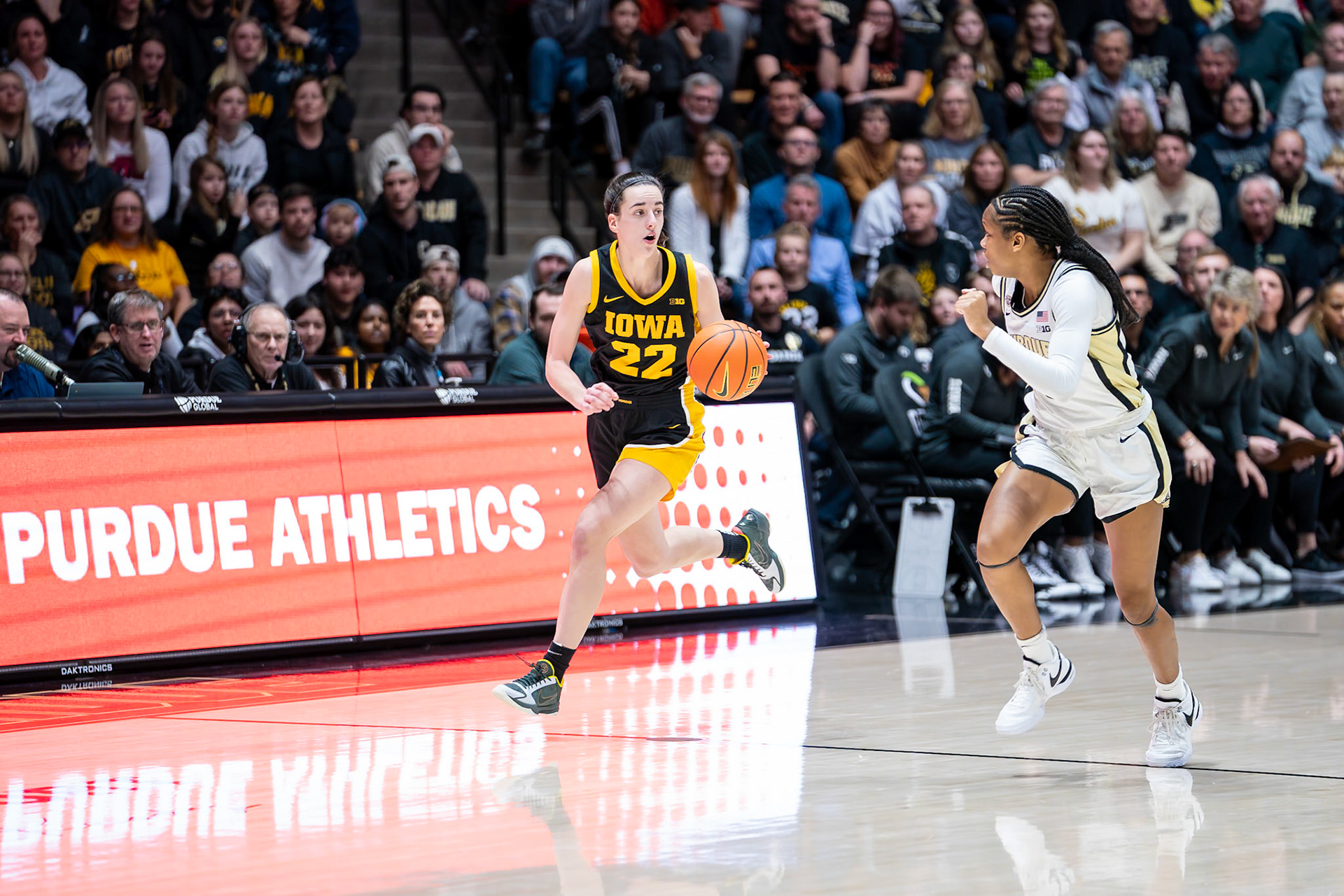WEST LAFAYETTE, IN - JANUARY 10, 2024: Iowa Guard Senior Caitlin Clark (22) competing in Purdue Boilermaker Women's Basketball vs the Iowa Hawkeyes at Mackey Arena(Photo by Steve Bowen / Bowen Arrow Photography / Northern Indiana Sports Report)