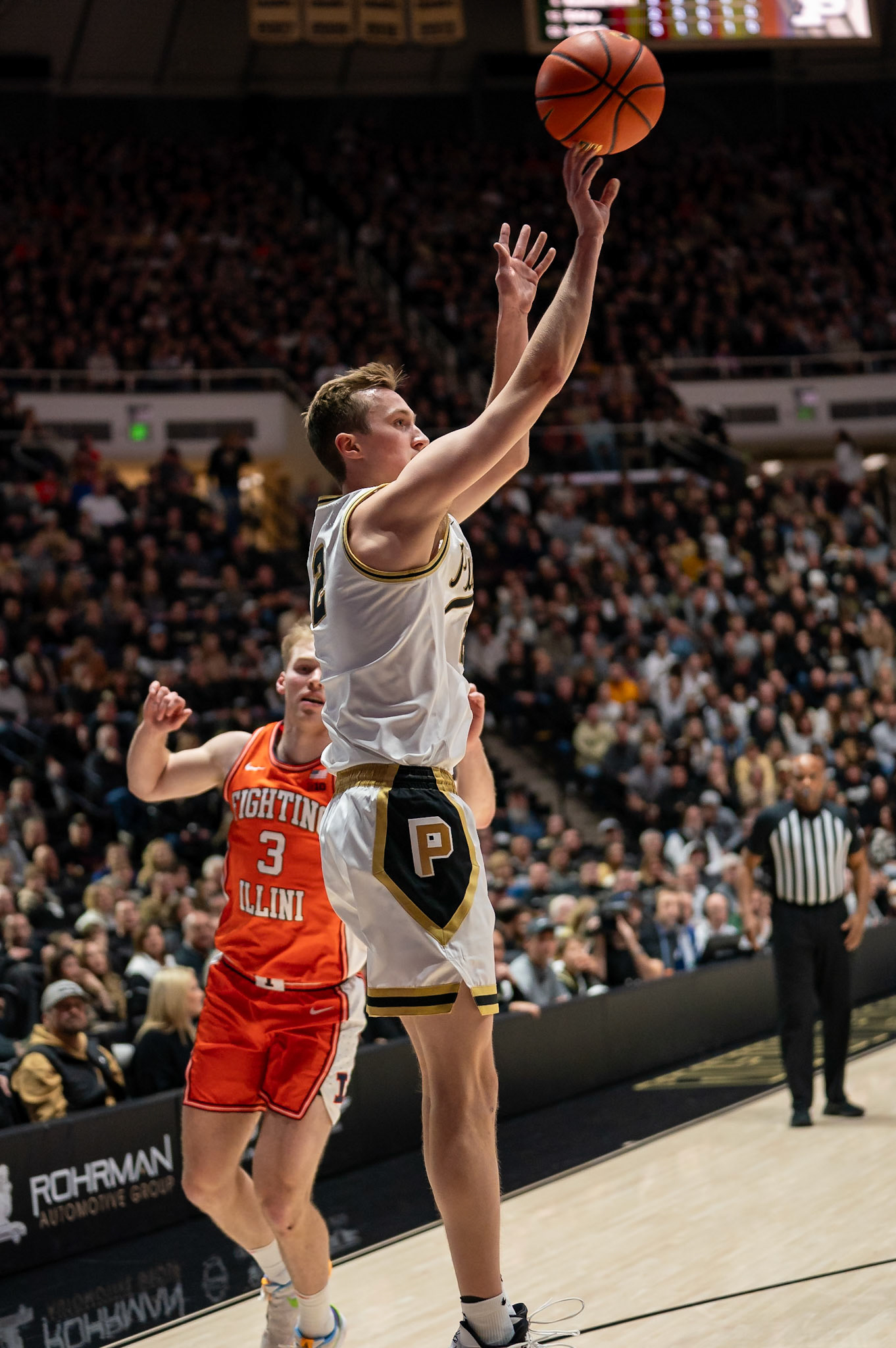 WEST LAFAYETTE, IN - JANUARY 5, 2024: Purdue Sophomore Guard Fletcher Loyer (2) taking a shot in Purdue Boilermaker's Basketball vs the Illinois Fighting Illini at Mackey Arena(Photo by Steve Bowen / Bowen Arrow Photography / Northern Indiana Sports Report)