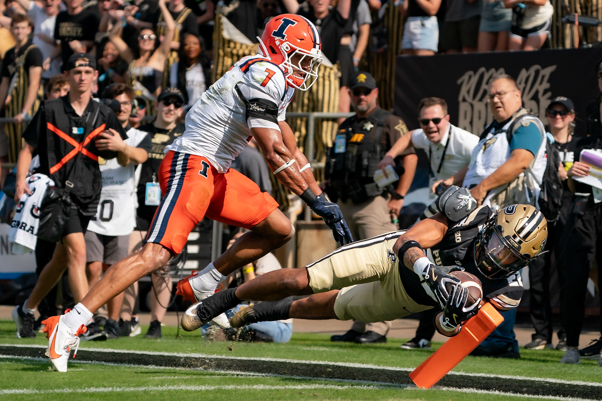 WEST LAFAYETTE, IN - OCTOBER 4, 2025: Purdue University Sophomore Running Back Antonio Harris (22) dives for the pylon get past University of Illinois’ Junior DB Matthew Bailey (7) in Purdue Boilermaker Football vs University of Illinois Fighting Illini at Ross-Ade Stadium(Photo by Steve Bowen / Northern Indiana Sports Report)