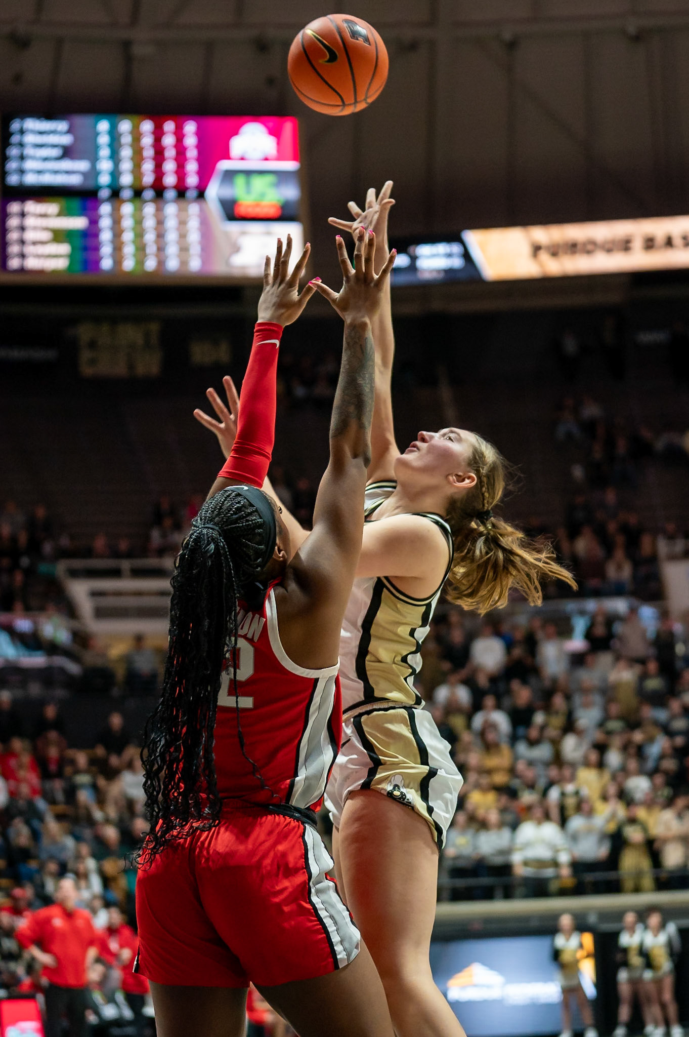 WEST LAFAYETTE, IN - JANUARY 28, 2024: Purdue Freshman Forward Mary Ashley Stevenson (20), Ohio State Forward Sophomore Cotie McMahon (32) competing in Purdue Boilermaker Women's Basketball versus the Ohio State Buckeyes at Mackey Arena(Photo by Steve Bowen / Bowen Arrow Photography / Northern Indiana Sports Report)