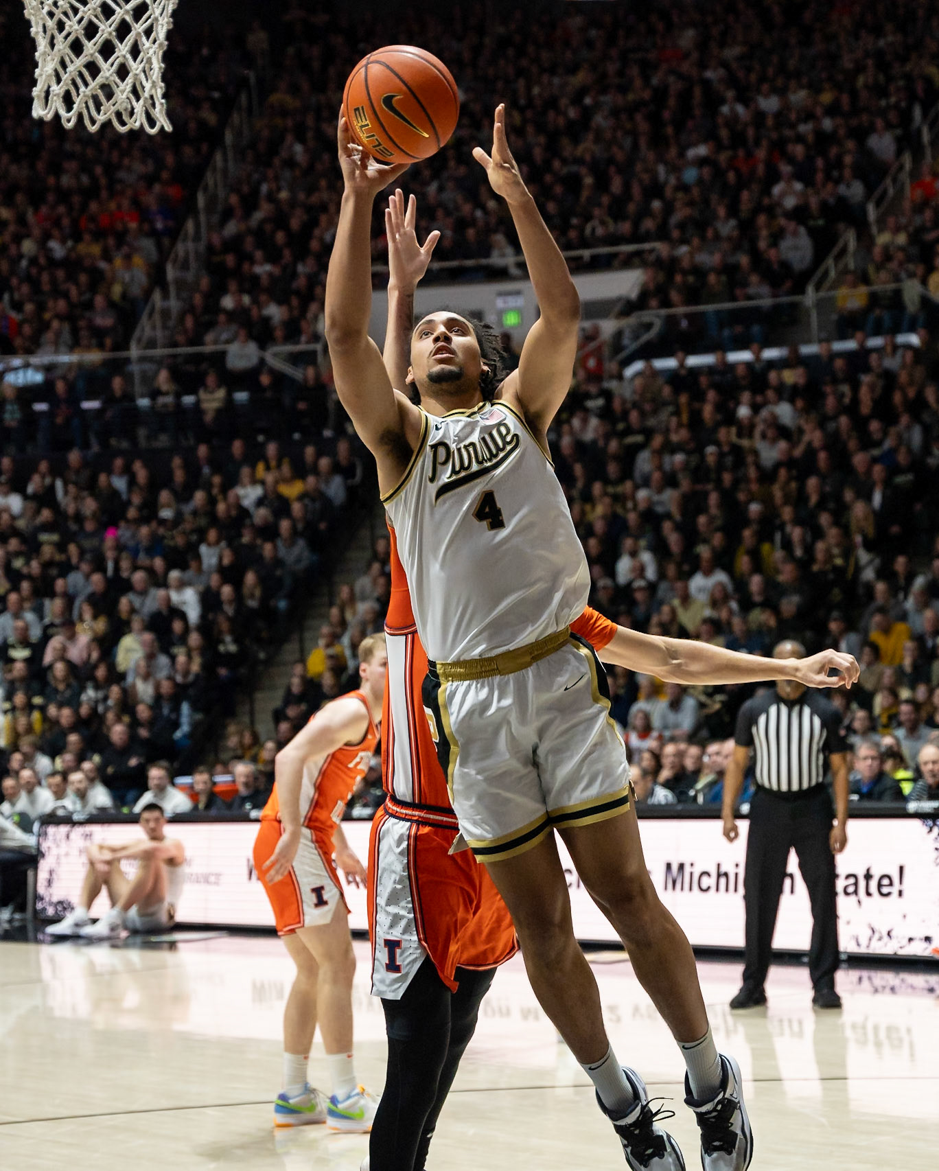 WEST LAFAYETTE, IN - JANUARY 5, 2024: Purdue Sophomore Forward Trey Kaufman-Renn (4) putting in a shot against the Illinois Fighting Illini at Mackey Arena(Photo by Steve Bowen / Bowen Arrow Photography / Northern Indiana Sports Report)