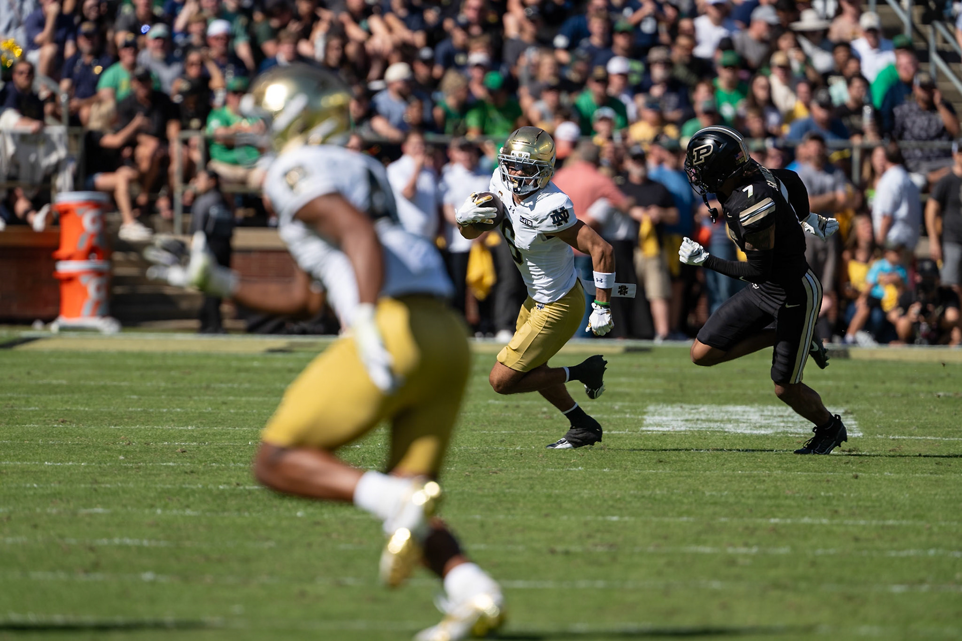 WEST LAFAYETTE, IN - SEPTEMBER 26, 2026: Notre Dame University Senior WR Jordan Faison (6), Purdue University Senior Defensive Back Donovan Saunders (7) during the Purdue Boilermakers vs Notre Dame Fighting Irish football game at Ross-Ade Stadium(Photo by Steve Bowen / Northern Indiana Sports Report)