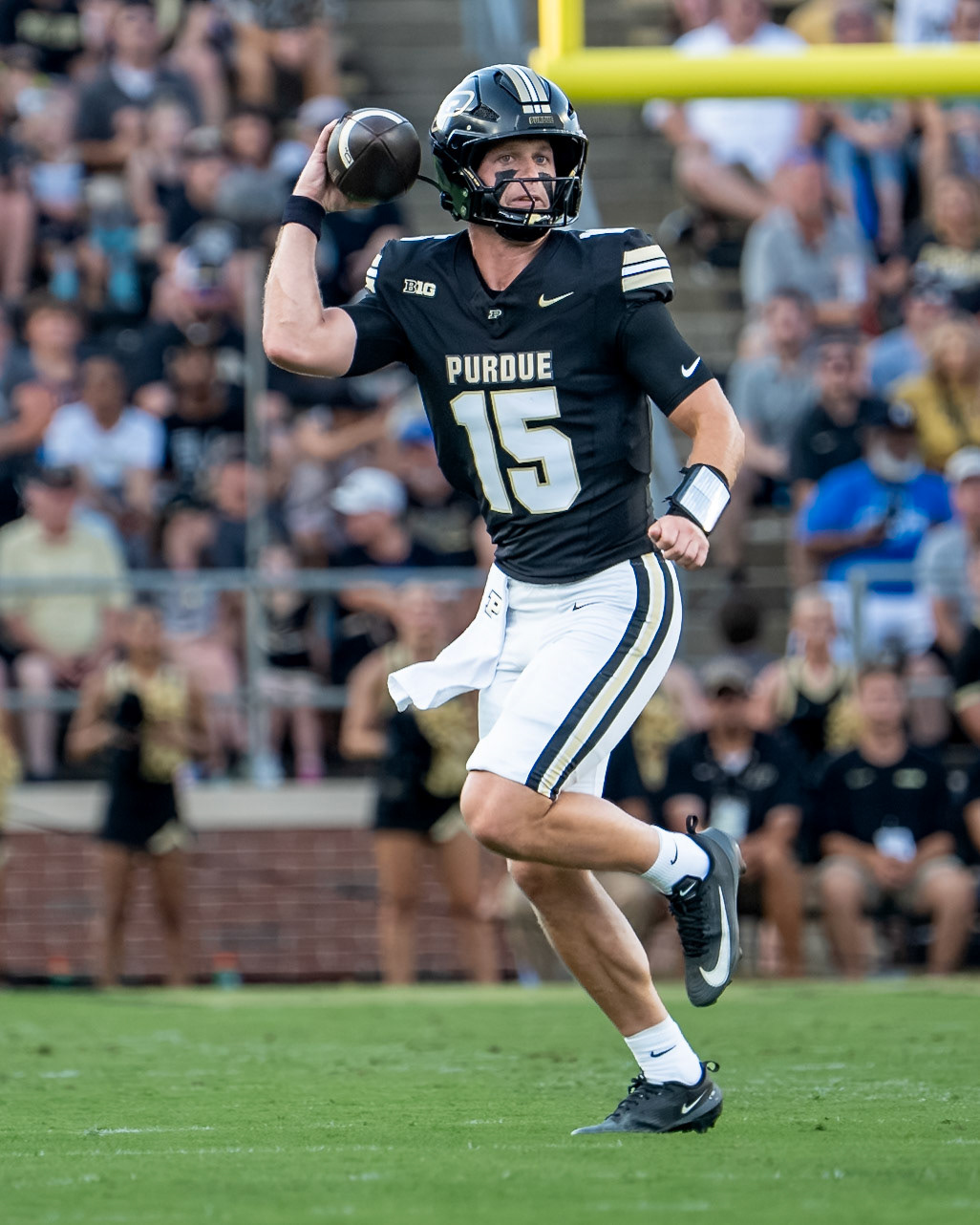 WEST LAFAYETTE, IN - SEPTEMBER 4, 2026: Purdue University Quarterback Ryan Browne (15) looks down the field for an open receiver during the Purdue Boilermaker Football game vs the Indiana State Sycamores at Ross-Ade Stadium(Photo by Steve Bowen / Northern Indiana Sports Report)