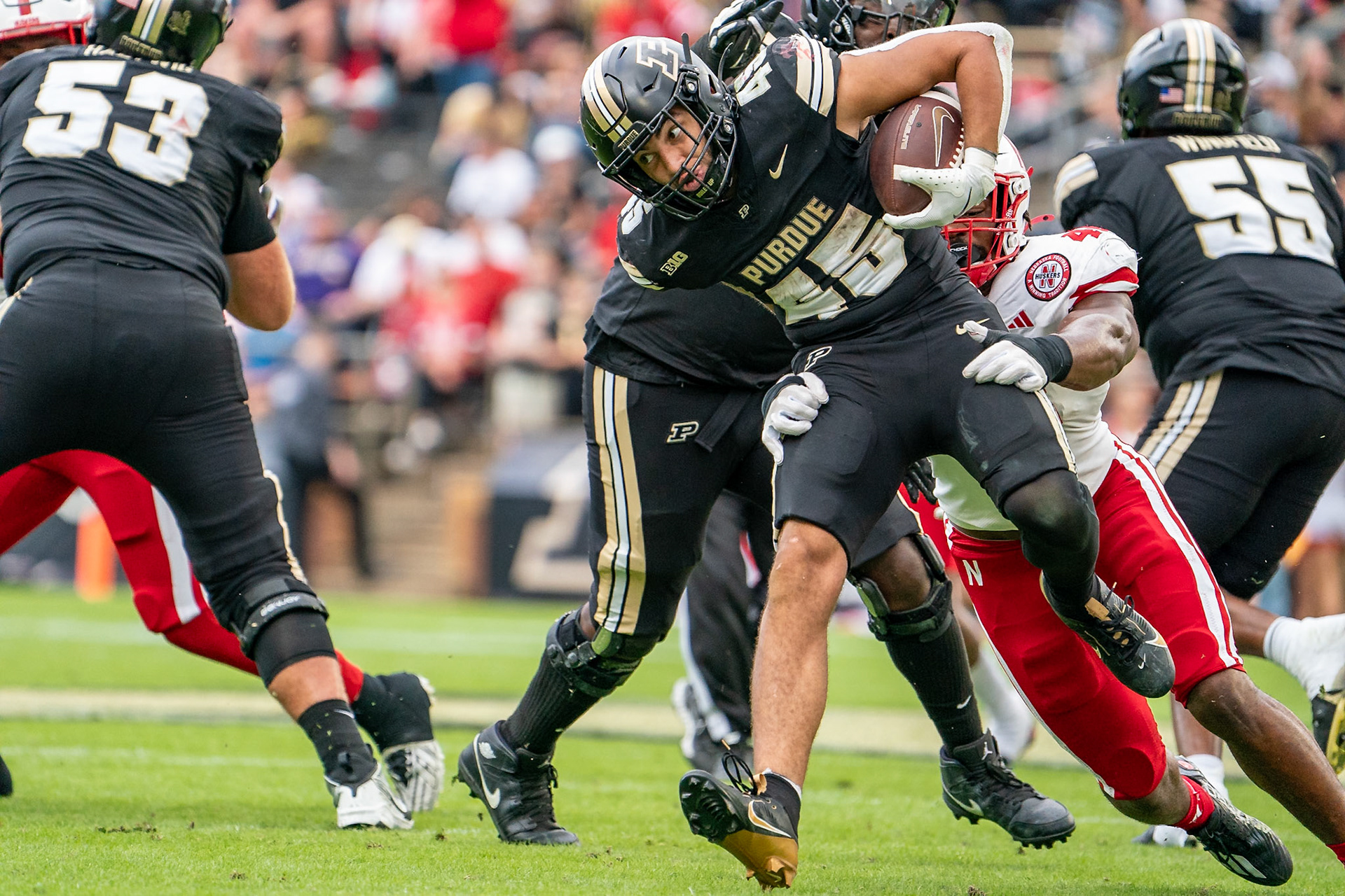 WEST LAFAYETTE, IN - SEPTEMBER 28, 2024: Purdue University Junior Running Back Devin Mockobee (45), Nebraska University Senior Linebacker MJ Sherman (48) during the Purdue University Boilermakers vs Nebraska University Cornhuskers Football game at Ross-Ade Stadium(Photo by Steve Bowen / Bowen Arrow Photography / Northern Indiana Sports Report)