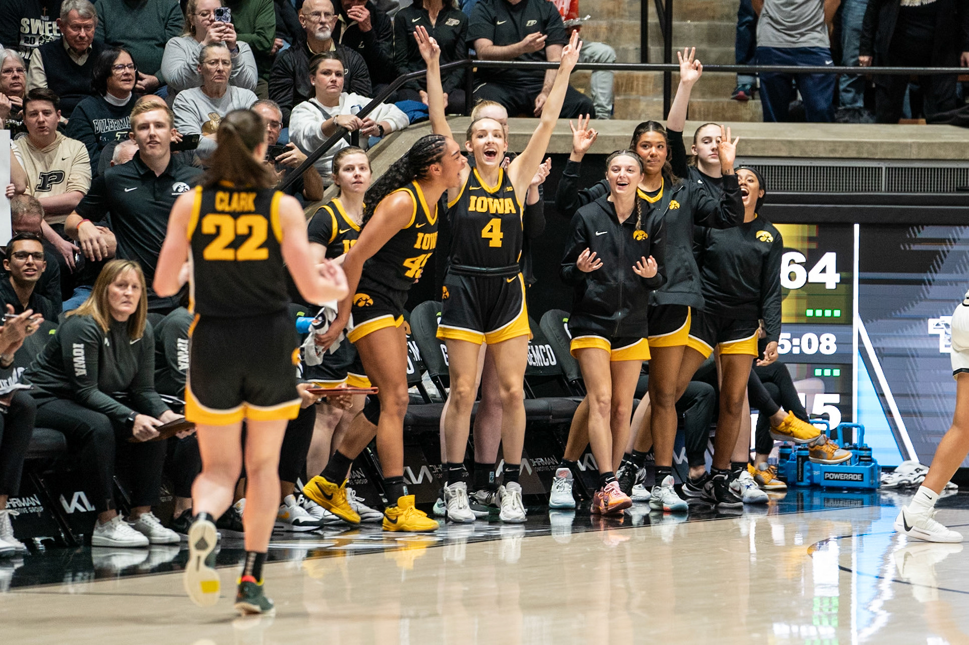 WEST LAFAYETTE, IN - JANUARY 10, 2024: Iowa Guard Senior Caitlin Clark (22), Iowa Guard Redshirt Junior Kylie Feuerbach (4), Iowa Forward Sophomore Hannah Stuelke (45) competing in Purdue Boilermaker Women's Basketball vs the Iowa Hawkeyes at Mackey Arena(Photo by Steve Bowen / Bowen Arrow Photography / Northern Indiana Sports Report)