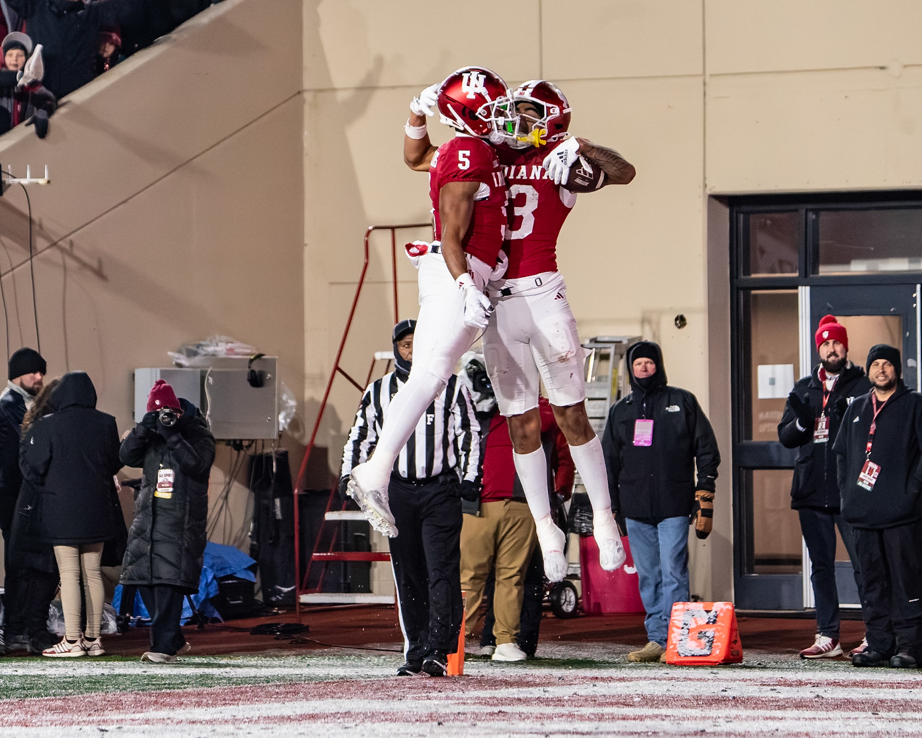 BLOOMINGTON, IN - NOVEMBER 30, 2024: Indiana University Junior WR Elijah Sarratt (13), Indiana University 5th Year Senior WR Ke'Shawn Williams (5) during the Purdue University Boilermakers at Indiana University Hoosiers Football game at Memorial Stadium(Photo by Steve Bowen / Bowen Arrow Photography / Northern Indiana Sports Report)
